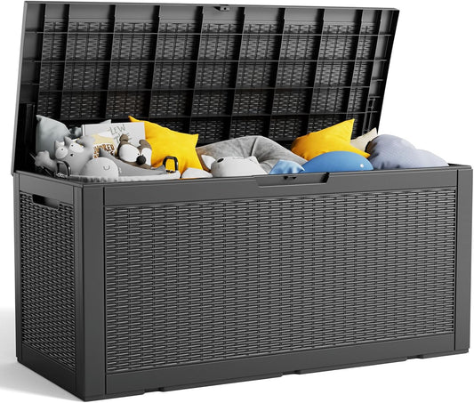 100 Gallon Resin Deck Box, Lockable Patio Outdoor Storage Box for Furniture, Garden Tools and Tools Storage, Waterproof Outside Storage Boxes - Black