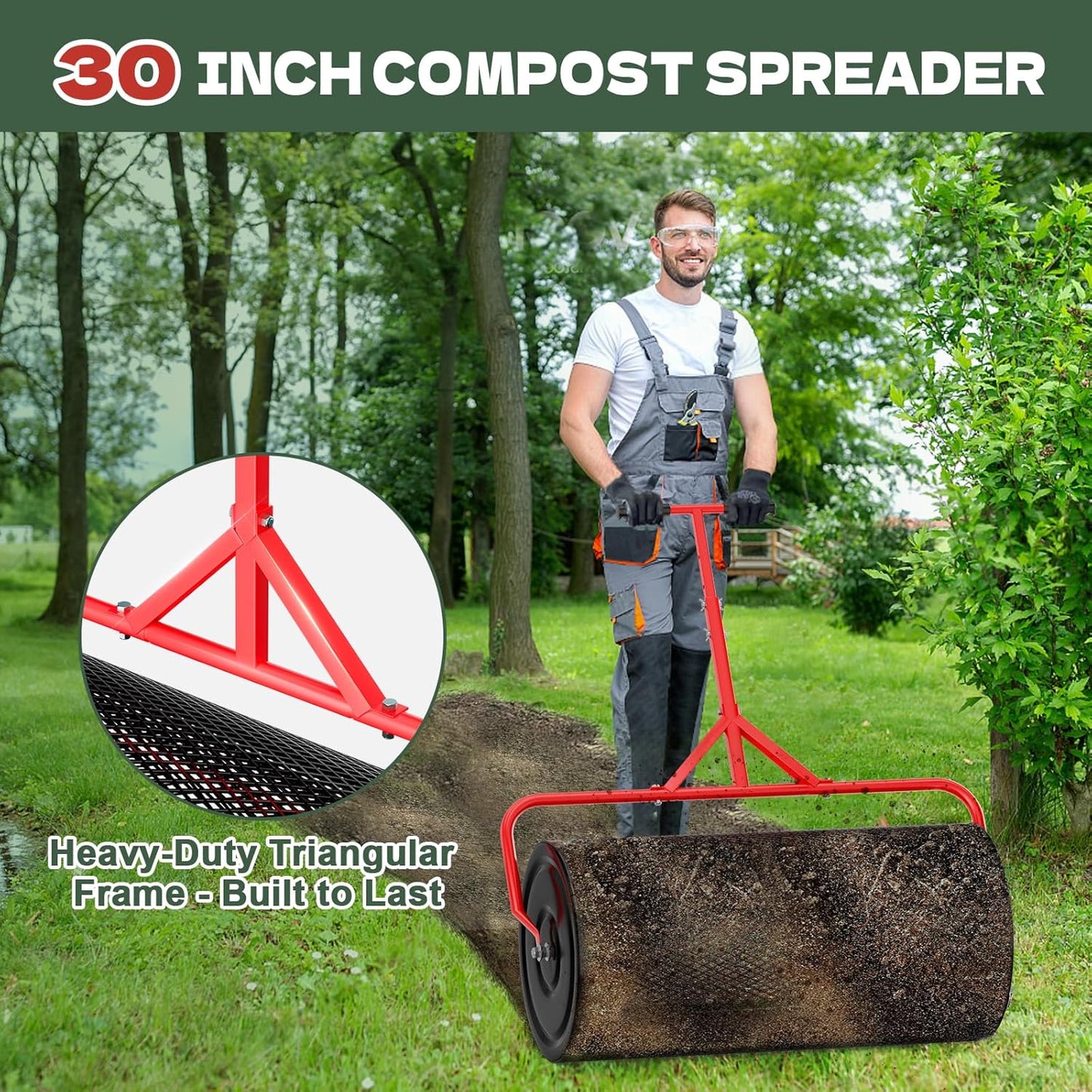 Compost Peat Moss Spreader for Lawn, 30 Inch Compost Roller Spreader with Adjustable T-Shaped Handle, Upgraded Side Clasps, Durable Lightweight Metal Roller, Lawn Garden Yard Care