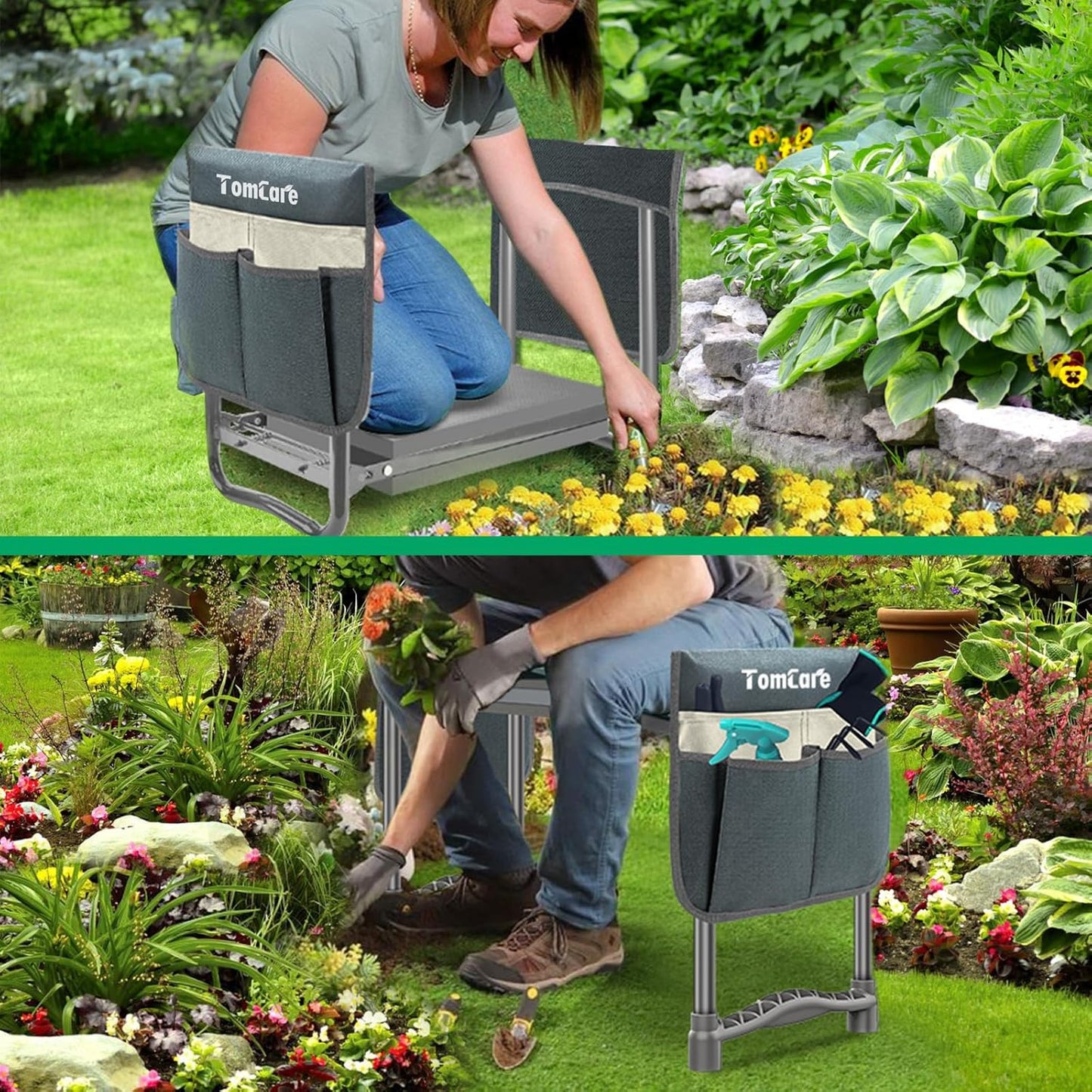 TomCare Garden Kneeler and Seat 10.64” Wider Larger Soft Kneeling Pad Garden Bench with 2 Large Tool Pouches Heavy Duty Garden Stool Foldable Tools Gardening Gifts for Women Men Gardeners,Grey