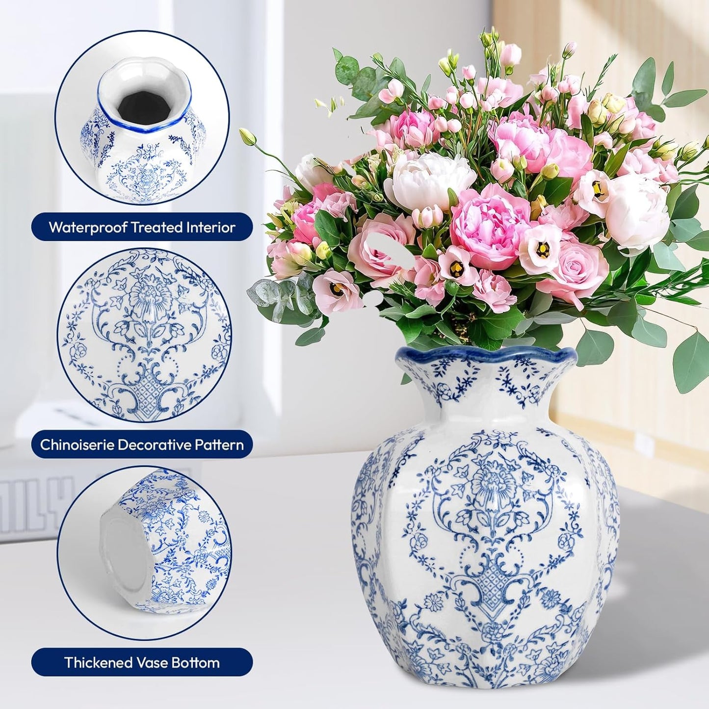 Chinoiserie Vase,Blue and White Vase,Vintage Ceramic Vases,Flower Vase for Centerpiece,Chinese Cute Vases for Living Room, Office,Home Decor (Blue White, Small)