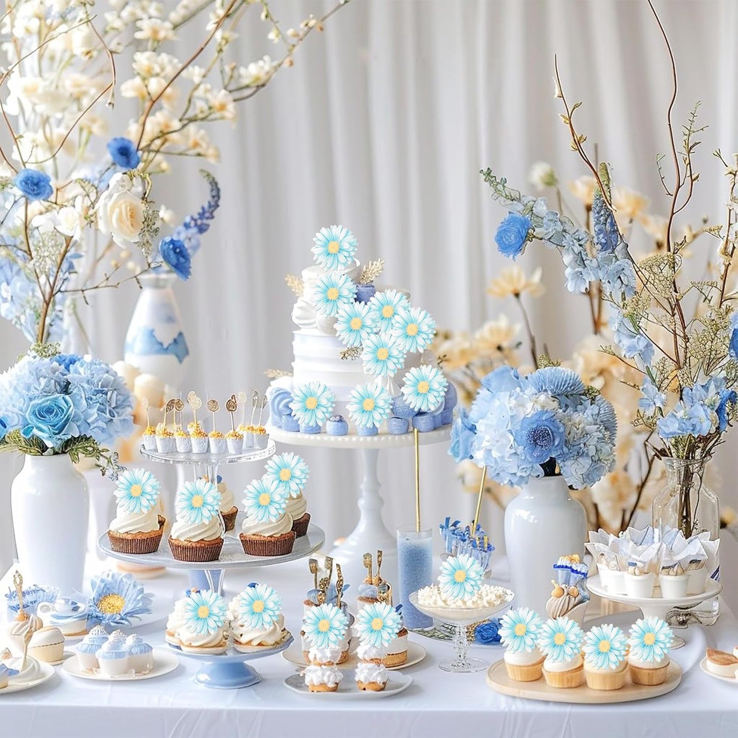 60 PCS Edible Daisy Cupcake Toppers Wafer Paper Daisy Cupcake Picks Edible Daisies Wildflower Birthday Party Decorations for Baby Shower Wedding Birthday Party Cake Food Decorations Supplies Blue