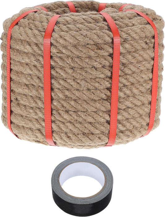 MECCANIXITY Jute Rope 0.55 Inch x 85ft, Thick Twine Rope Ropes Braided Jute Twine Natural Brown Burlap Cord String Heavy Twisted with Tape for Decorative Crafts Railing Swing Tug of War