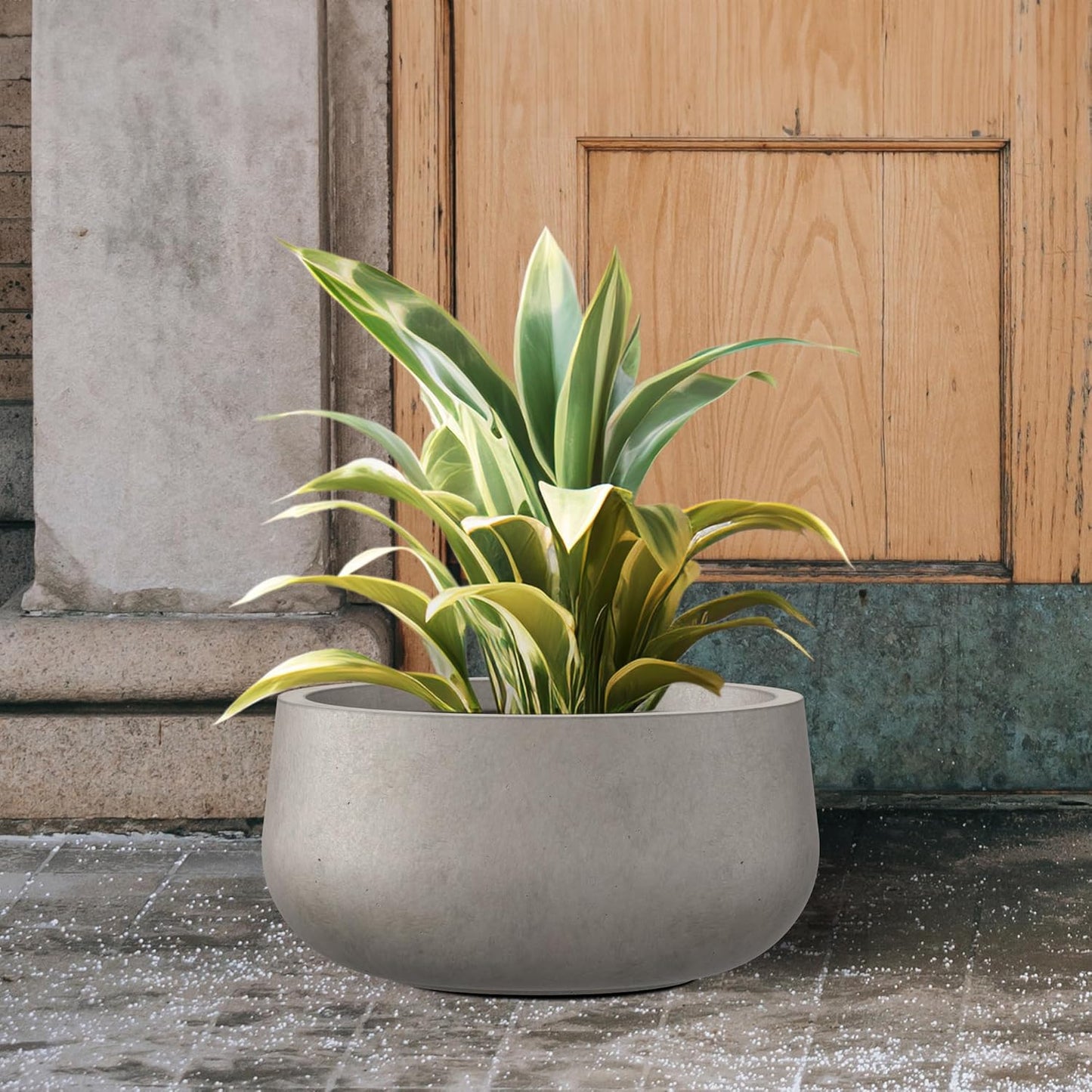 Kante 15.7" Dia Round Concrete Planter, Outdoor Indoor Garden Plant Pots with Drainage Hole and Rubber Plug, Modern Curvaceous Design, Weathered Concrete