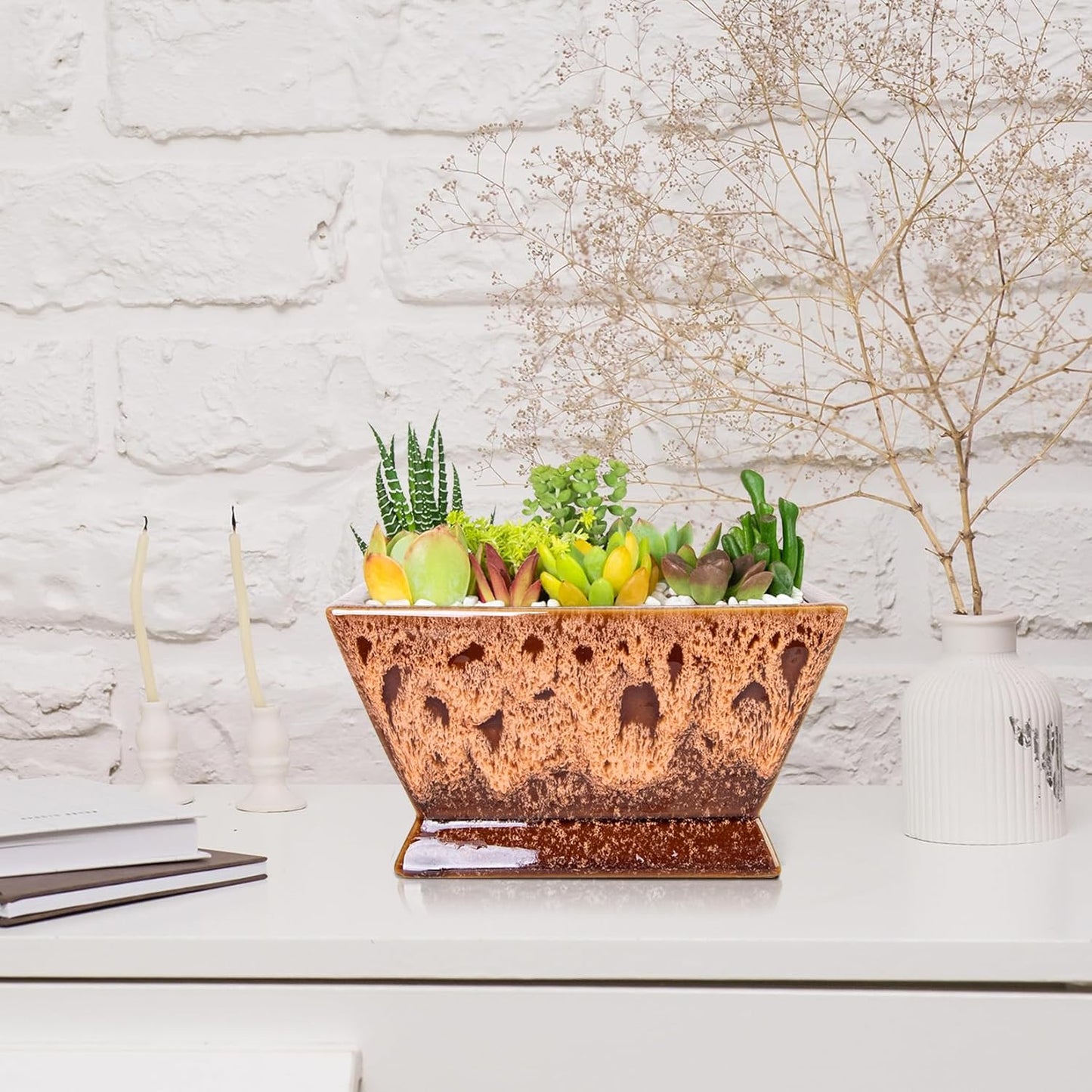 ARTKETTY Succulent Pots - 7 Inch Large Plant Pot with Drainage, Shallow Ceramic Bonsai Pots Succulent Planters for Indoor Outdoor Plants, Modern Cactus Planter Decorative Home Office