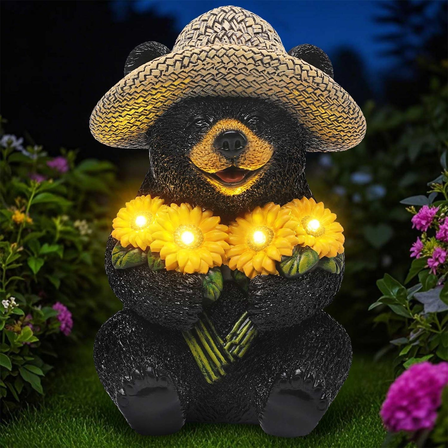 Solar Garden Decor Statues 7.5" Resin Black Bear Figurines with Sunflowers Featuring Straw Hat Waterproof Bear Decor for Outside Yard Patio Porch Decoration Gift for Mom Grandma