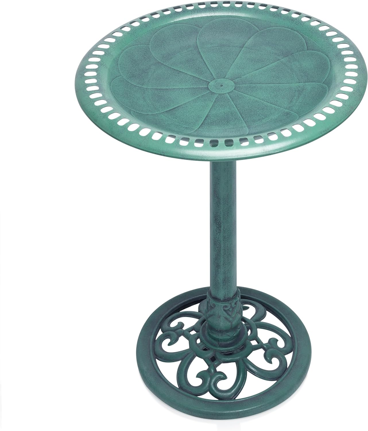 Alpine Corporation TEC116 Outdoor Aged Green Pedestal Birdbath with Scrollwork, 28" Tall, Green