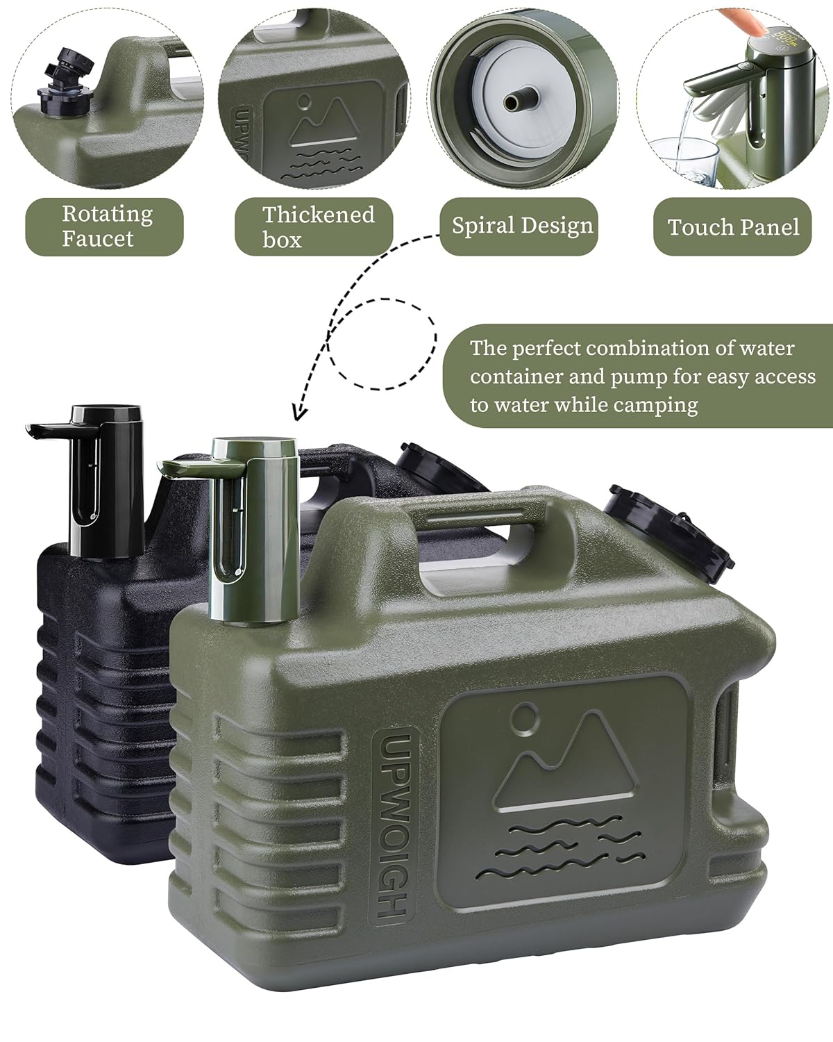 UPWOIGH 5 Gallon Water Jug with Automatic Touch Control Pump (1 Pump Included), Truly Leak-Proof BPA-Free Water Container with Spigot, Type-C Rechargeable Military Green Water Pump for Camping Hiking