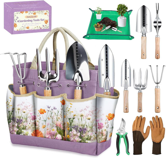 Gardening Tools Set 9-Piece Heavy-Duty Gardening Gifts for Women Mom Wife Gardening Hand Tools with Purple Floral Tote Bag and Repotting Mat, halilus Stainless Steel Garden Supplies Kit