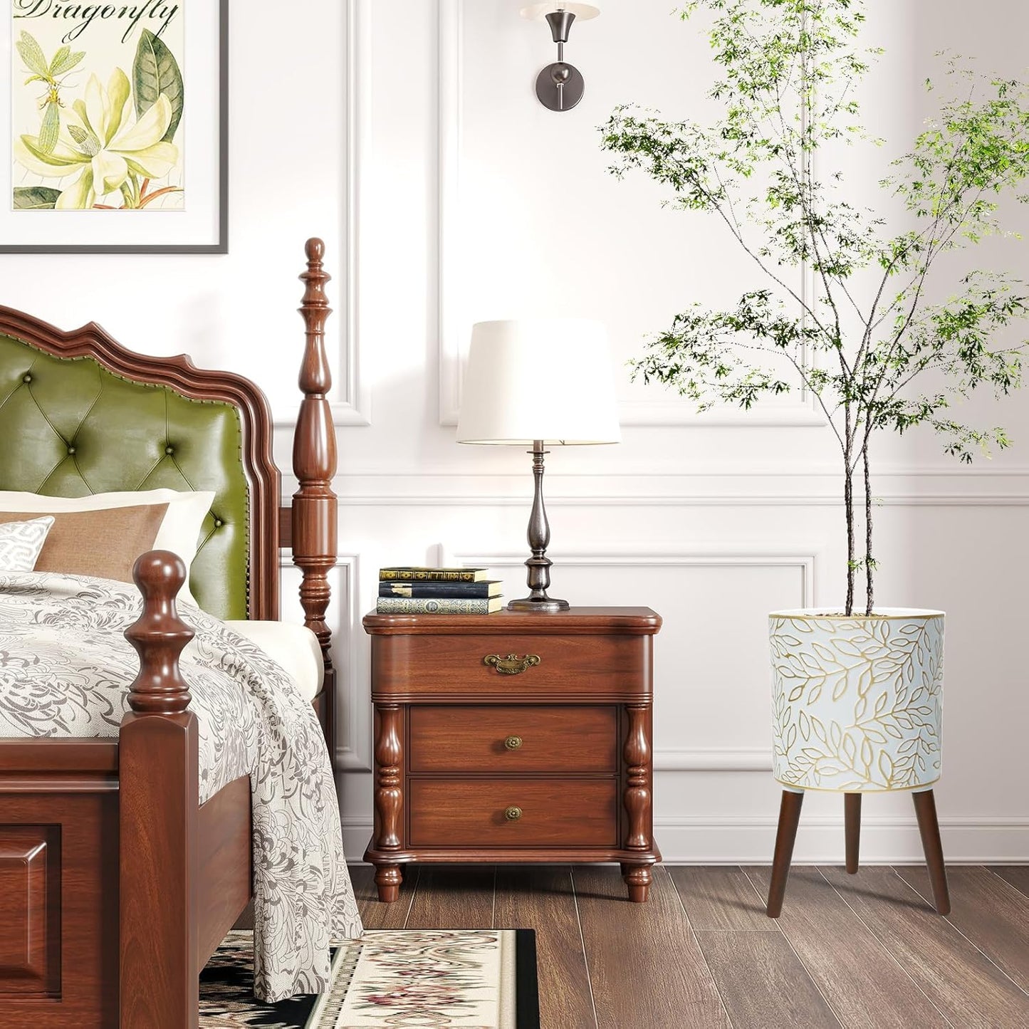 12inch Plant Pots with Wood Planter Holder Indoor Flower Pot with Gold Floral Embossed Modern Planters with Drainage Holes for Living Room, Office, Garden or Balcony