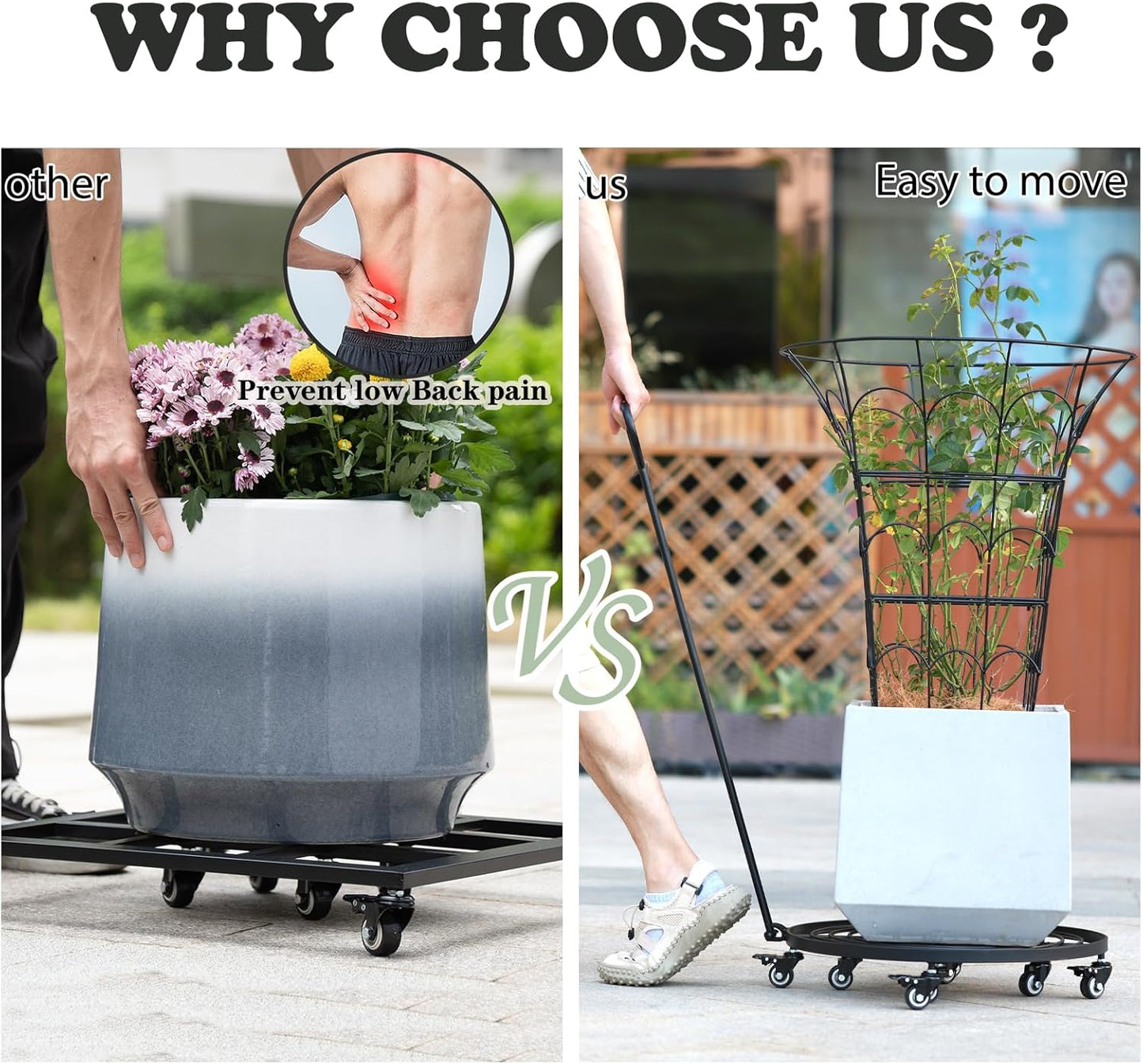 14" Plant Dolly with Wheels - Heavy Duty Rolling Planter Base, Lockable Wheels, Detachable Handle, Ideal for Indoor/Outdoor Use with Large Pots and Easy Transport Solutions