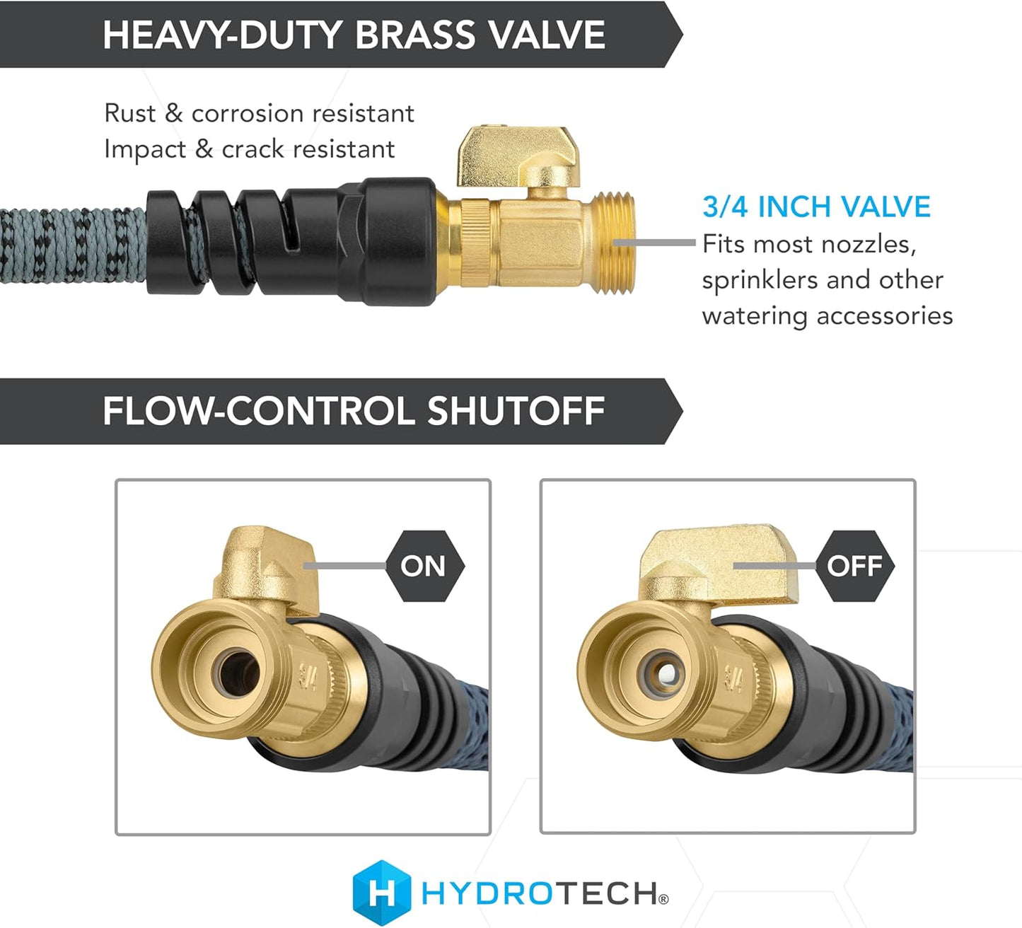 Hydrotech 60 ft Garden Hose – Patented Force Control, Burst-Proof, Lightweight, Flexible, No-Kink Design, 5/8", 4 Tire Hose Guides, Ideal for Car Wash & Automotive Care