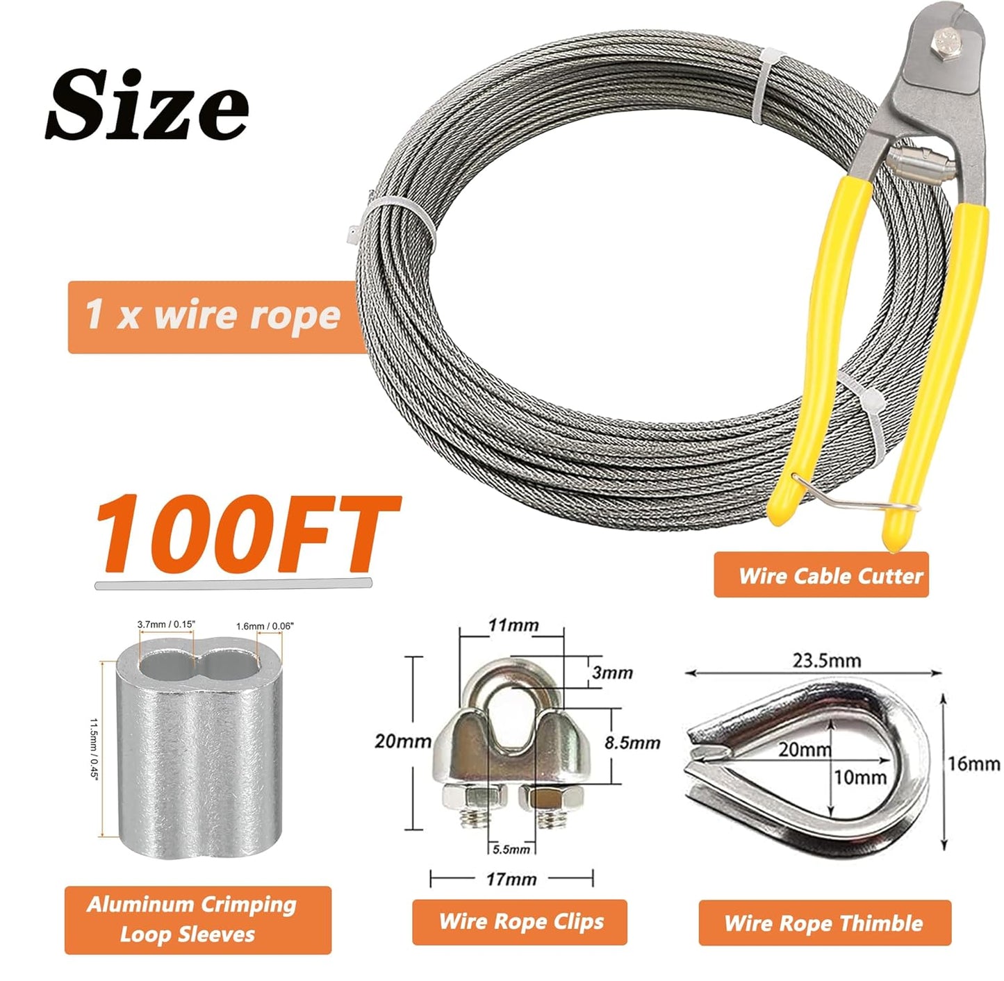 1/8 Inch Stainless Steel Wire Rope Kit, 7x7 Strands, 100 ft Length, With Cable Cutters, Sleeves, Thimbles, Clips, For Climbing Plants, Deck Railing, Fencing, Outdoor Hanging