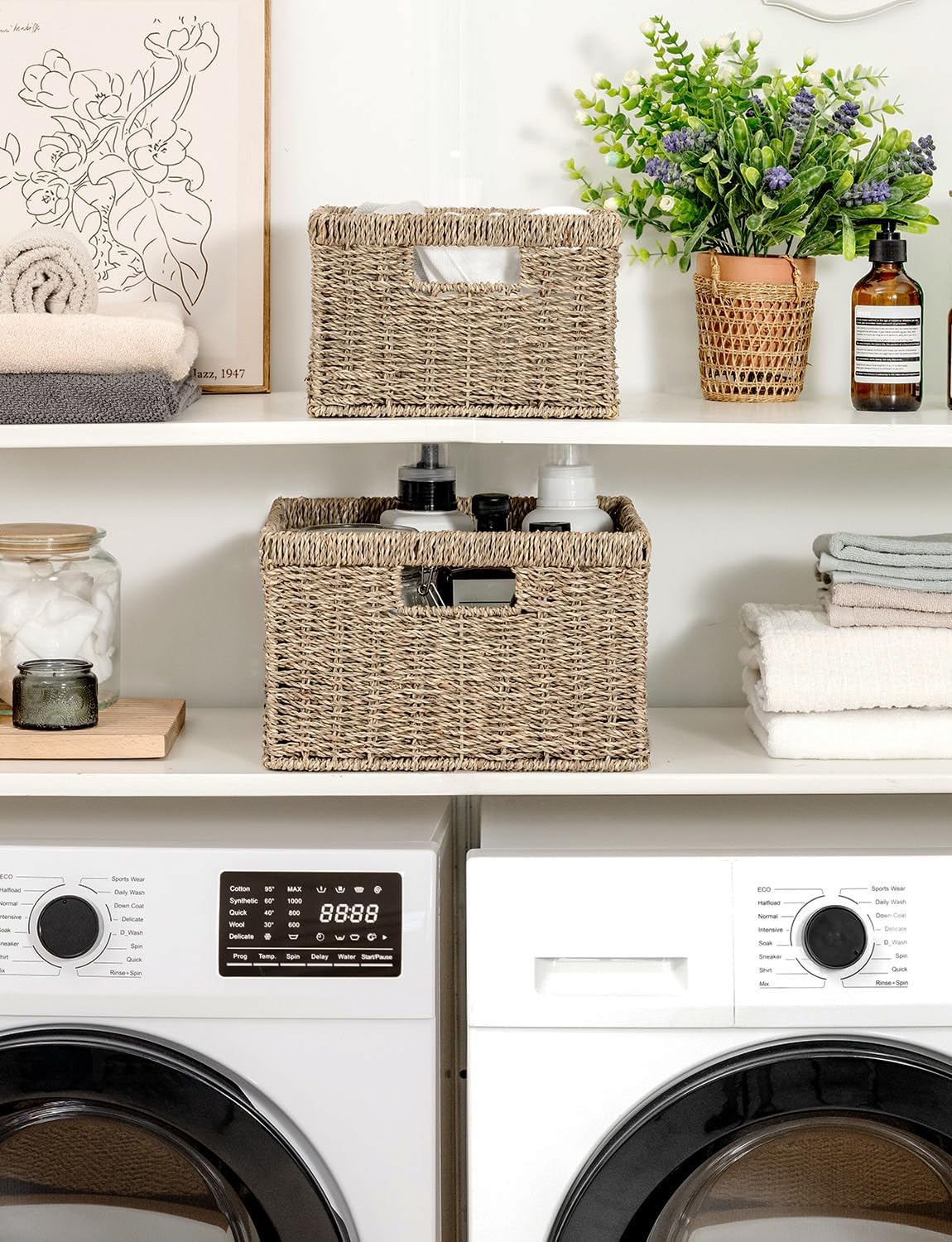 StorageWorks Wicker Storage Baskets, Large and Small Baskets, Handwoven Seagrass Basket for Organizing, Decorative Wicker Baskets with Built-in Handles, Set of 2