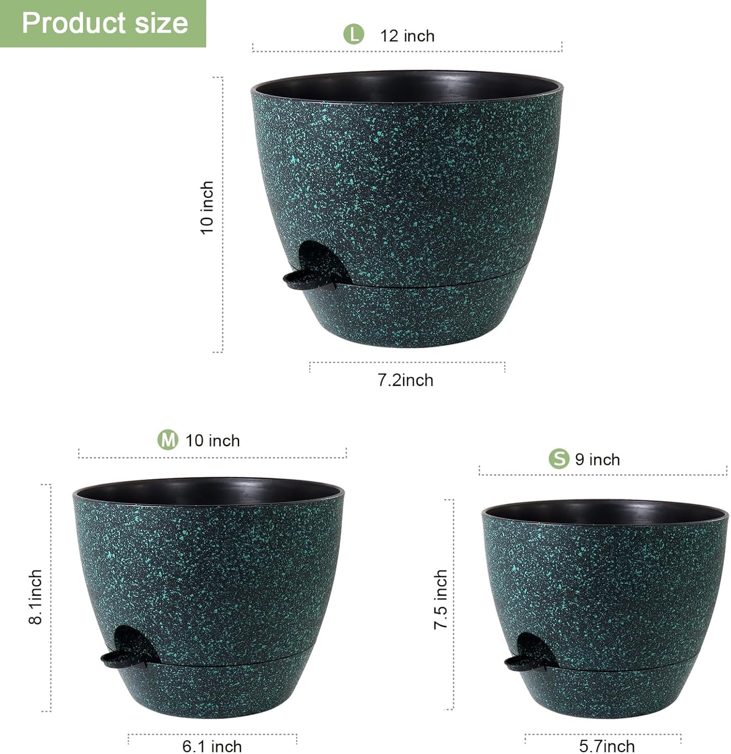 12/10/9 inch Large Self Watering Pots, Planter, Plant Pots with Mesh Drainage Holes for Indoor Outdoor Garden Plants, Plastic Flower Pots with Deep Reservoir, Black with Green Speckles