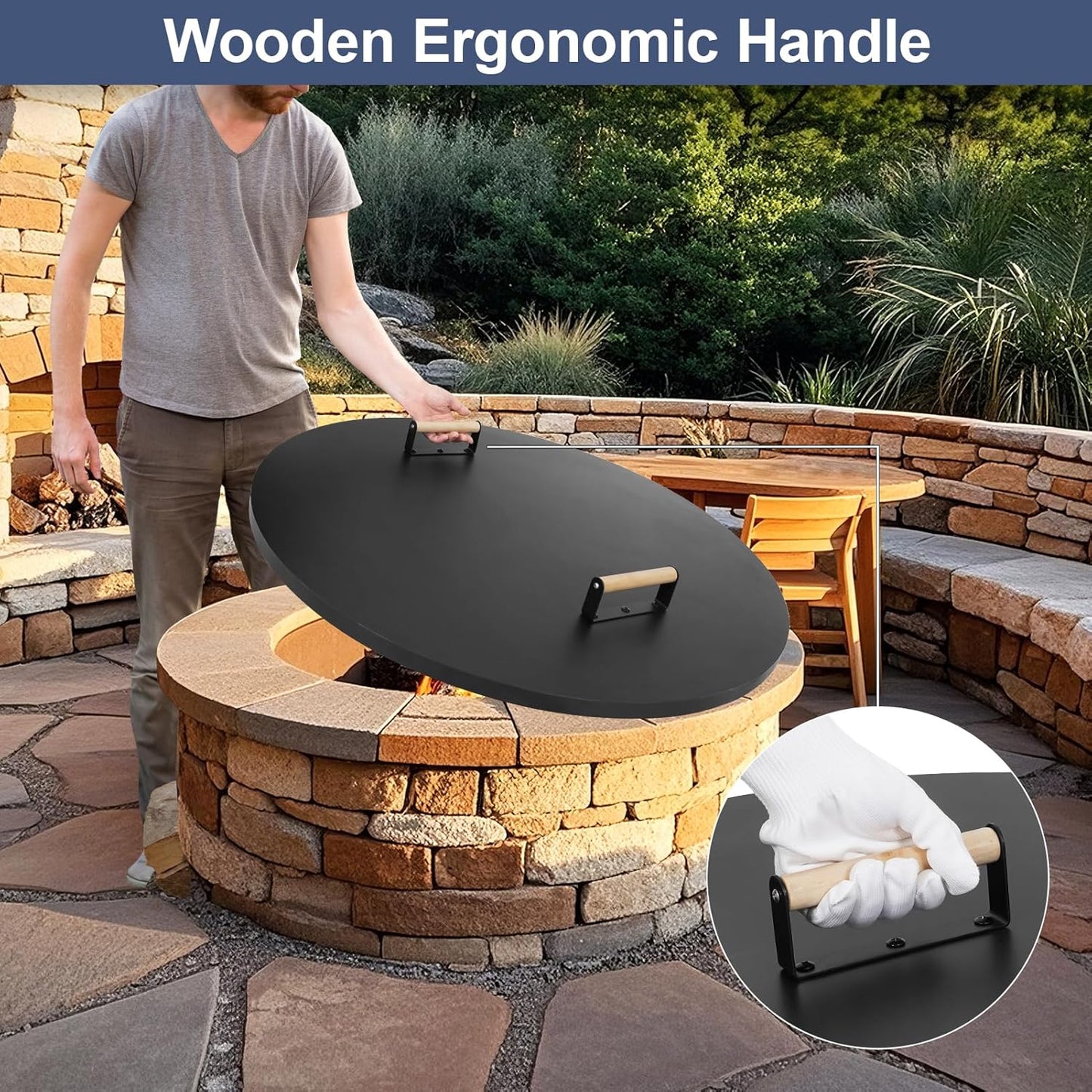 1MORE Fire Pit Lid Round 38" - Metal Firepits Cover with Wooden Handles for Patio Firepits,Rust Resistant 1.5mm Fire Pits Metal Lid, Firepits Accessory, Fire Pits Cover Round, All-season Protective