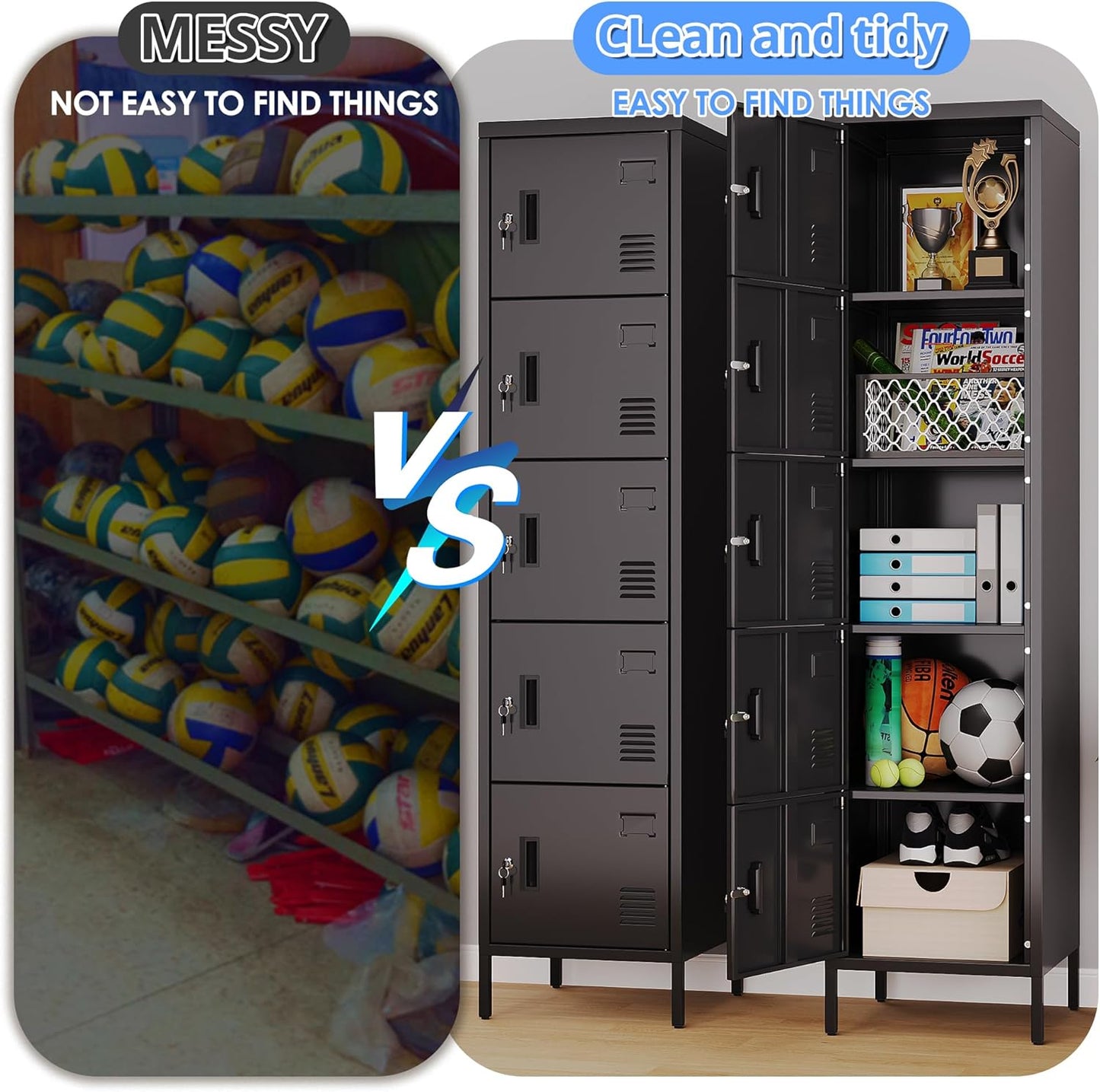 Metal Locker with Lock and Ventilation Holes,Metal Storage Locker with Business Card Slot for Home,Gym,Garage,School,Office,66" H x 15.8" W x 15.8" D Assembly Required,Black