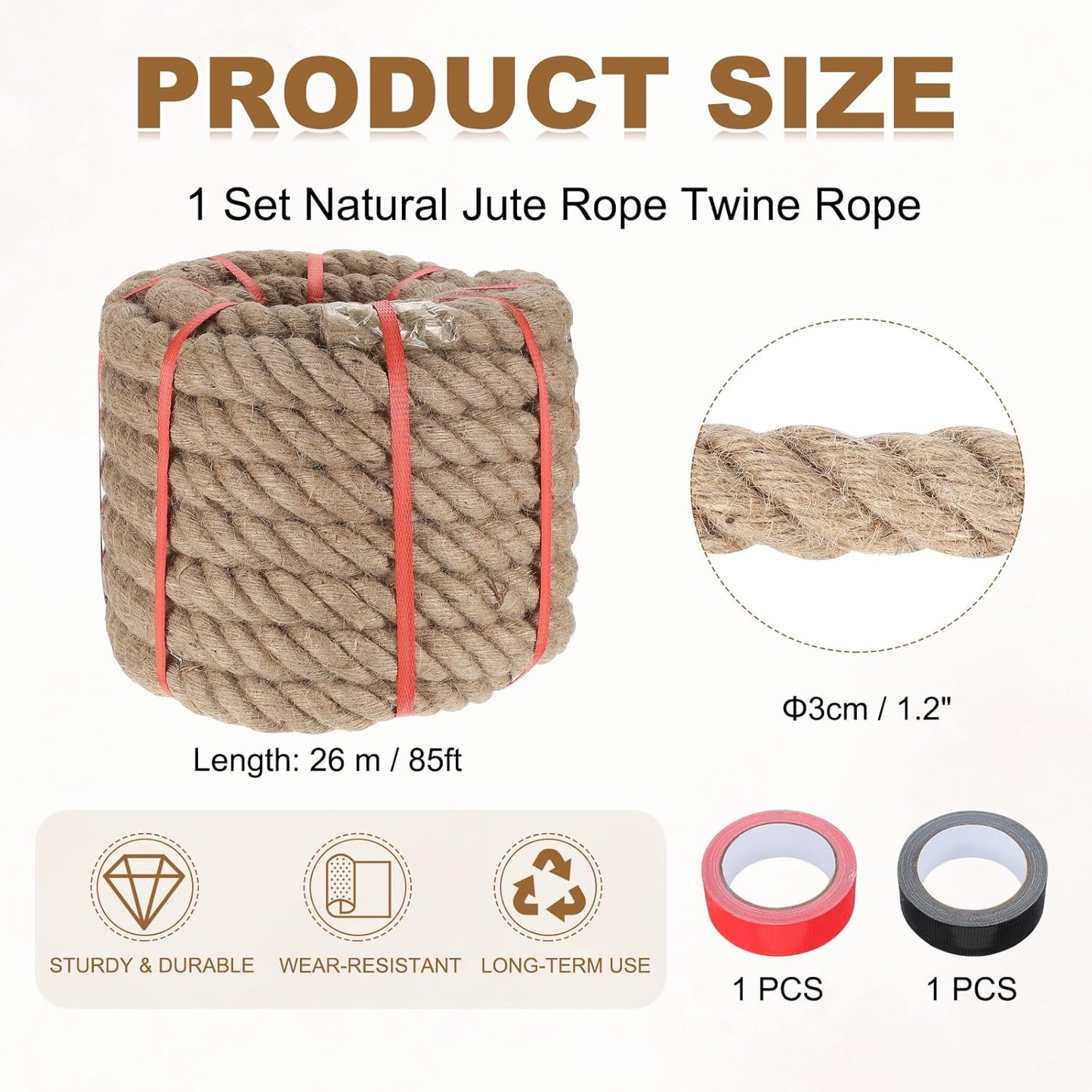 MECCANIXITY Jute Rope 1.2 Inch x 85ft, Thick Twine Rope Ropes Braided Jute Twine Natural Brown Burlap Cord String Heavy Twisted with Tapes for Decorative Crafts Railing Swing Tug of War