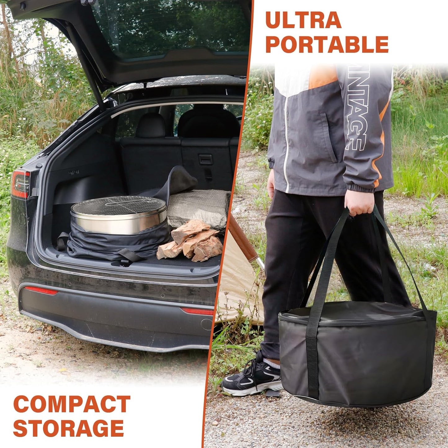 HGD 19.5 Inch Smokeless Firepit with Grill, Portable Wood Burning Fire Pit for Camping & Backyard, Stainless Steel Outdoor Fireplace with Travel Bag, Easy Setup & Compact Storage - Foldable Design