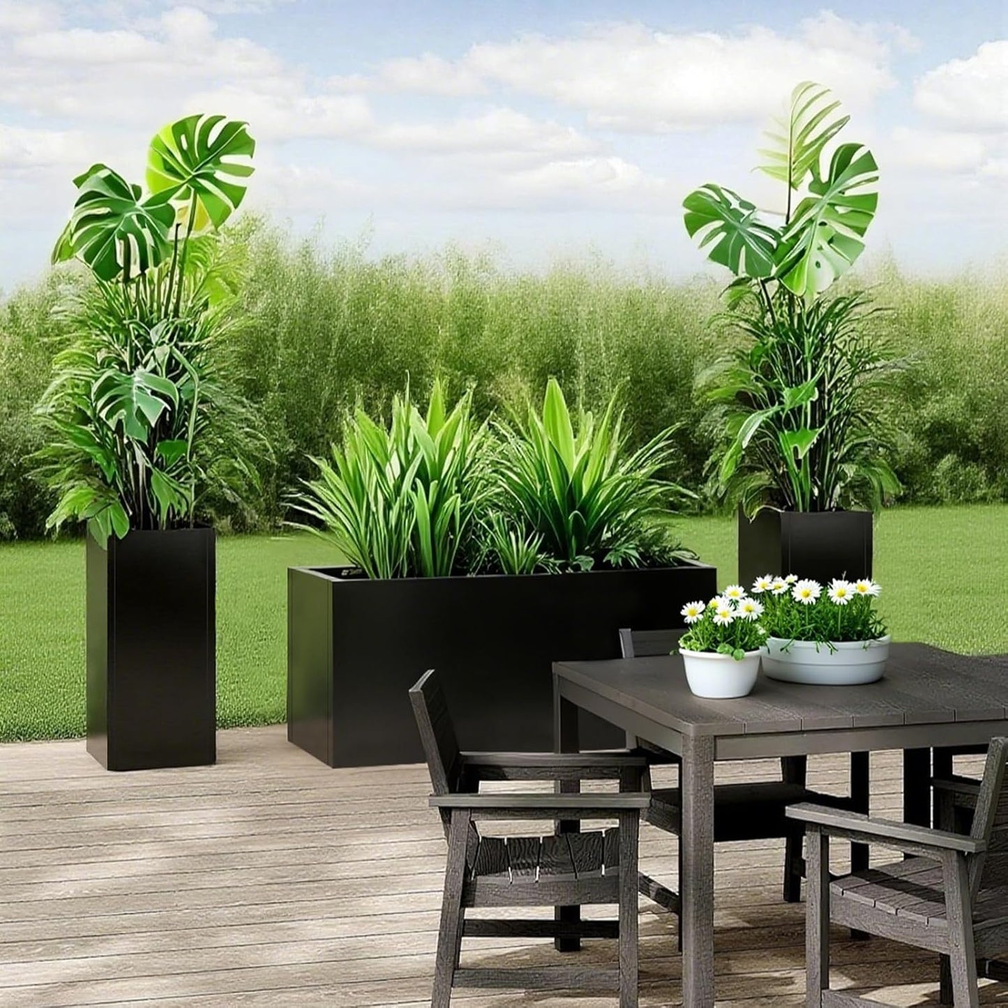 Galvanized Steel Planter Black Metal Outdoor Planter Powder Coated 32" x 12" x 16" Pot Metallic Heavy Pot Indoor & Outdoor, Commercial & Residential (L32 x W12 x D16, Black)