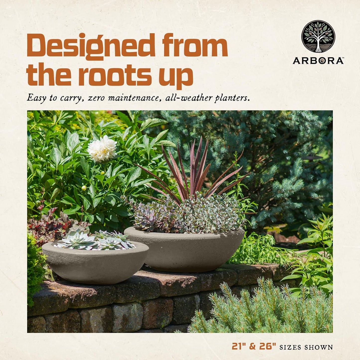 ARBORA 21" and 26” Santorini Bowls with Classic Cream Finish - Polyresin Indoor and Outdoor Planters, Durable, Weatherproof, Lightweight, Large Plant Pots for Patio, Garden, Deck