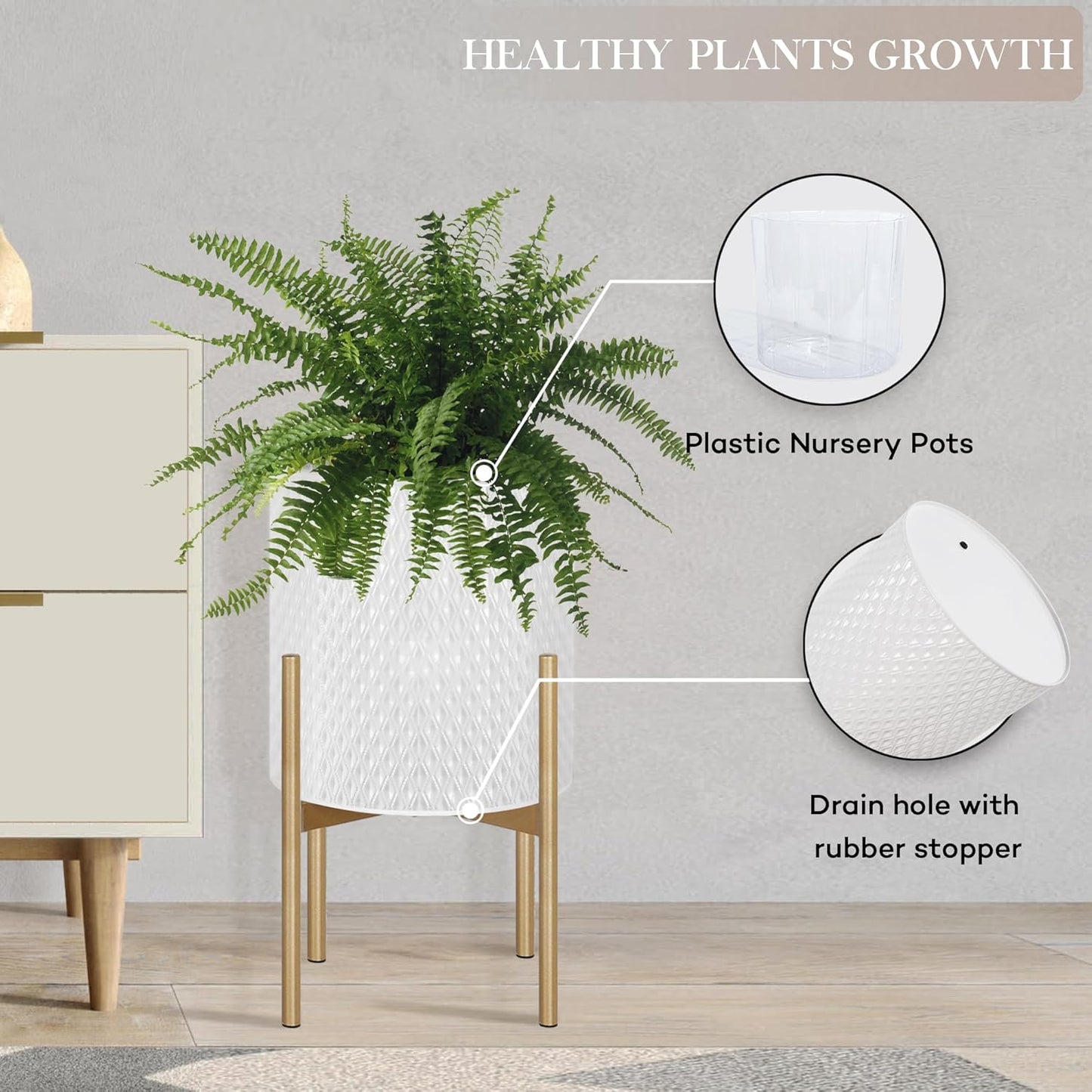 Oakrain Mid Century Planters for Indoor Plants, Set of 2, Modern Decorative Metal Planters for Living Room, Office, Garden or Balcony, White Planters with Stands, 10 inch & 12 inch