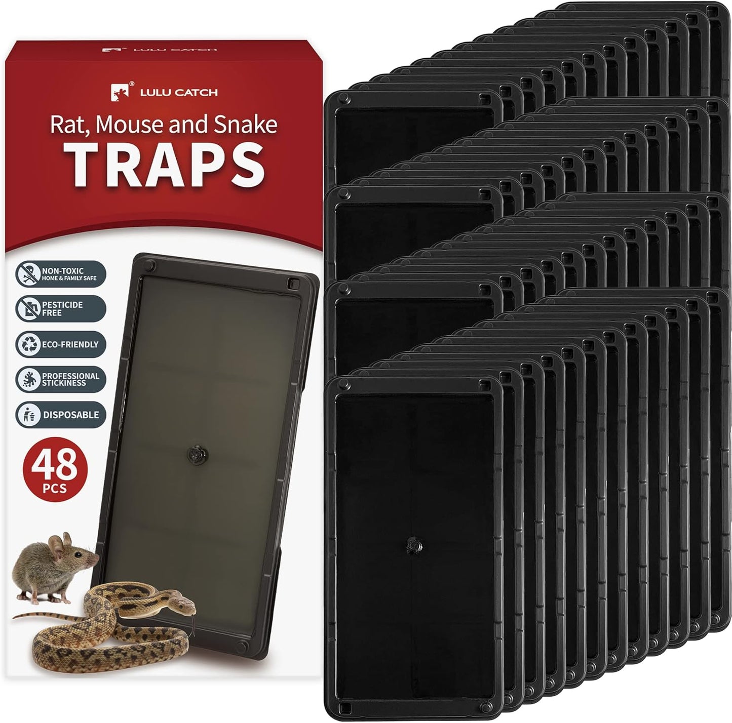 LULUCATCH Super Glue Traps 48 Pack for Mice & Snakes, Larger, Heavier Sticky Traps with Non-Toxic Glue. Sticky Mouse Traps Indoor, Easy to Set, Pet Safe Pest Control