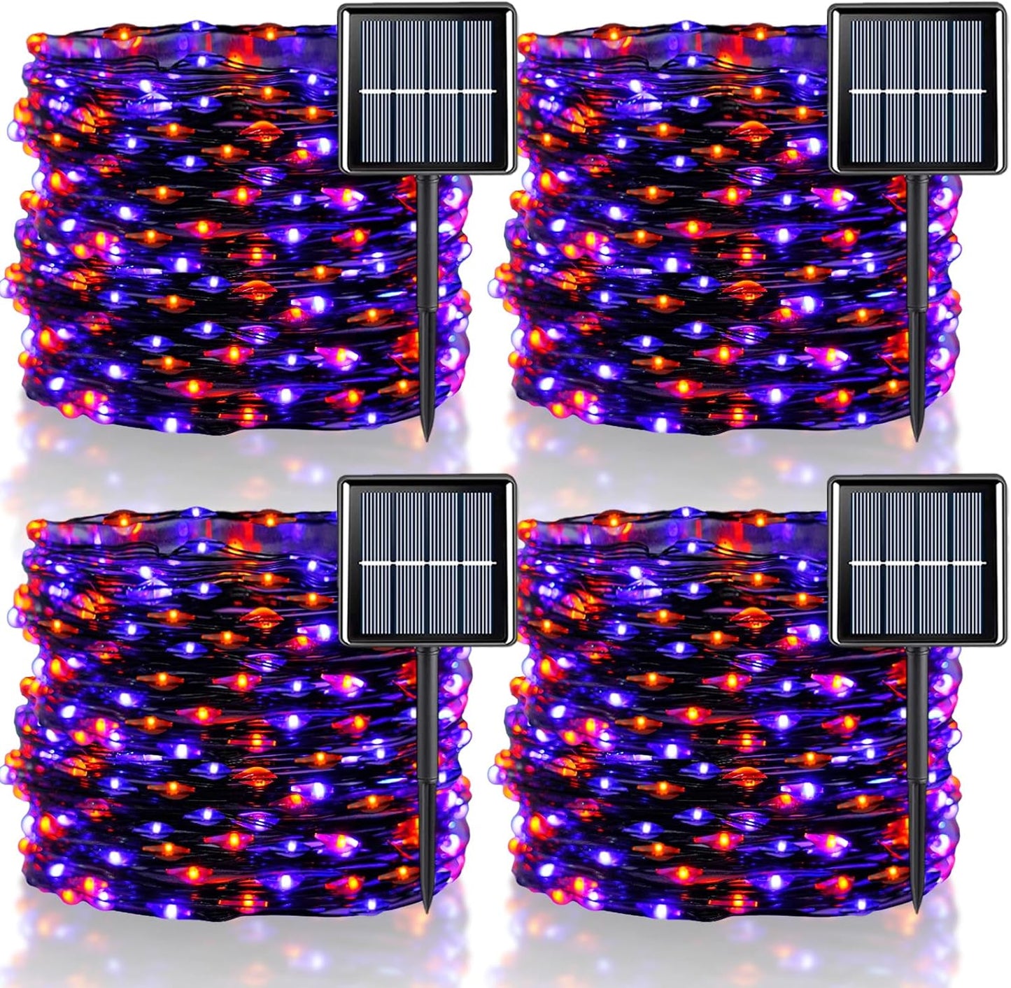 QITONG 4 Pack Orange and Purple Solar Fairy Lights, Each 33ft 100 LED Halloween Lights Outdoor Waterproof, 8 Modes Copper Wire Solar String Lights