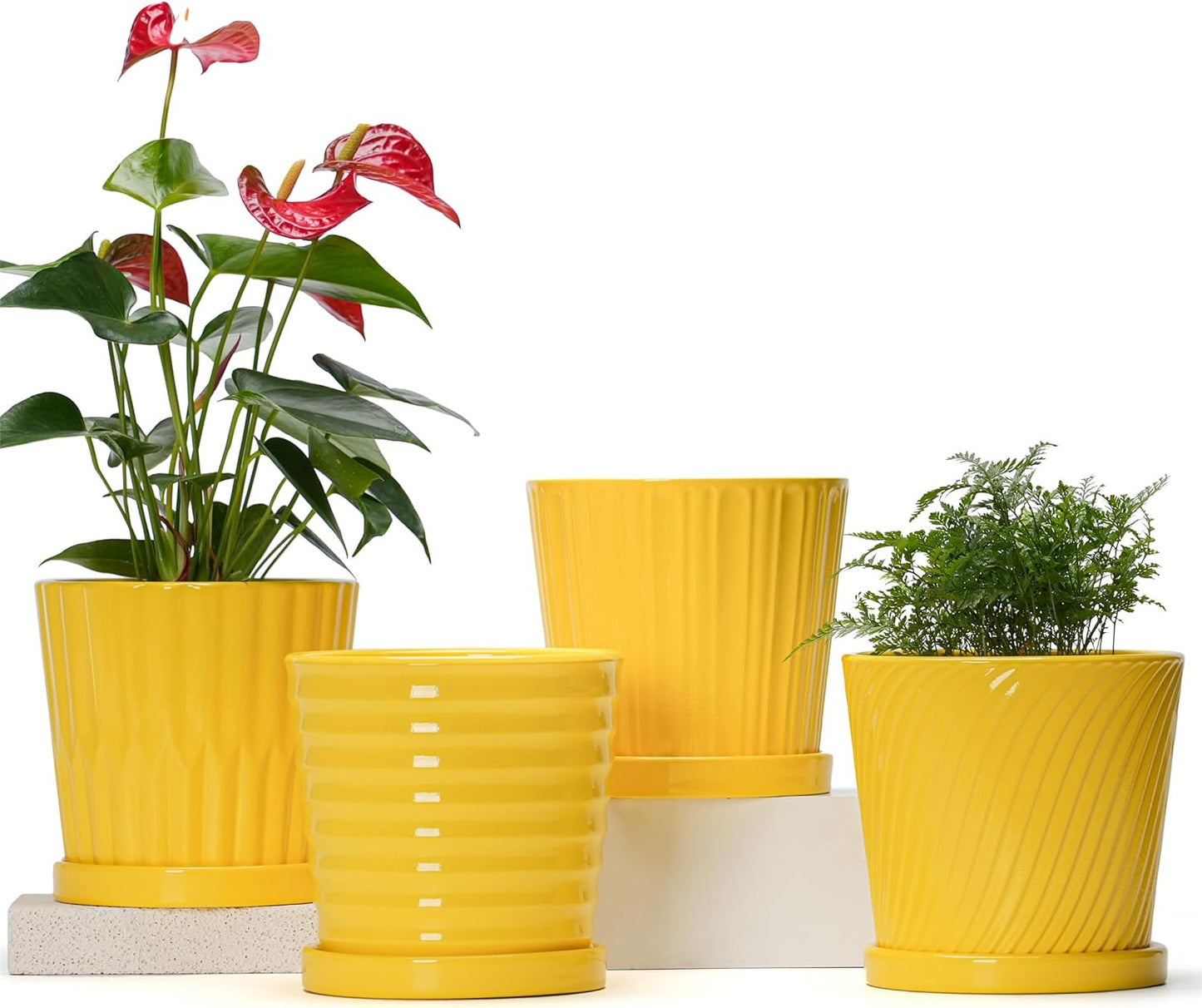 Ton Sin Plant Pots, 6 Inch Flower Pots for Plants,Ceramic Planter with Drainage Holes,Indoor Planter Pots with Saucer,Outdoor Garden Pots (Yellow, 4 Pack)