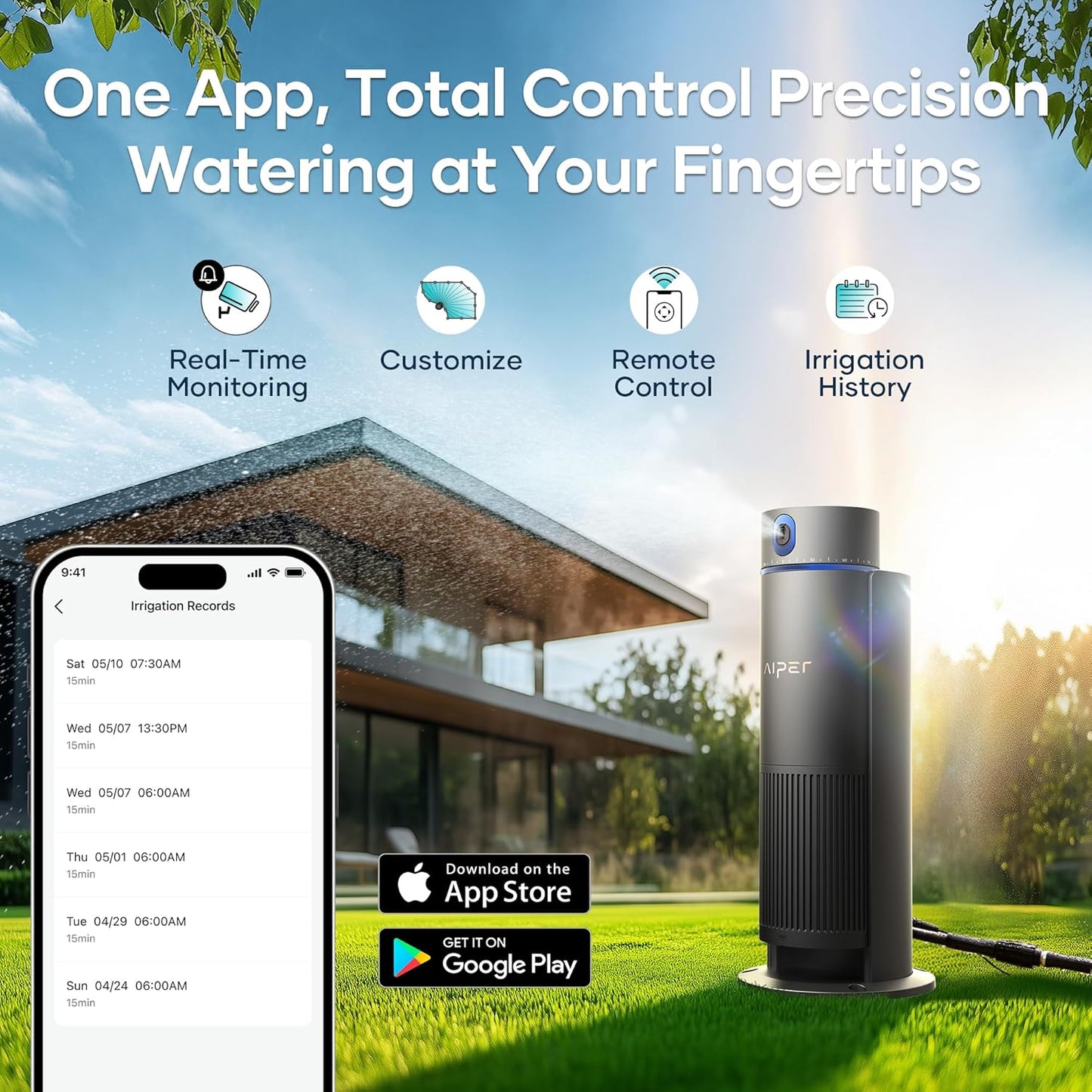 AIPER IrriSense Smart Sprinkler Irrigation System, App-Controlled, Custom Watering Map & Schedule, DIY Install, Covers up to 4,800 sq.ft., Weather Adaptive & Water-Saving, Gray