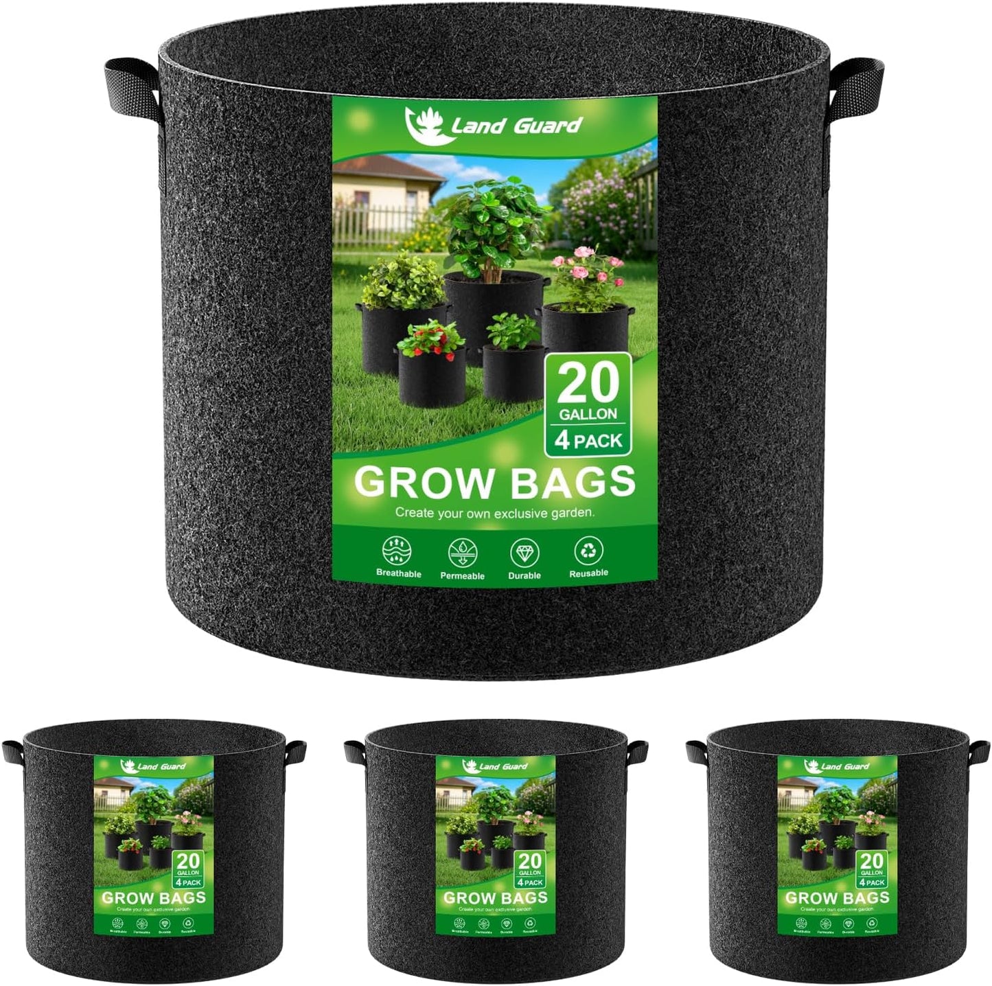 Land Guard 4-Pack Fabric Grow Bags 20 Gallon, Thickened Nonwoven Garden Pots, Growing Bags with Handles, Black
