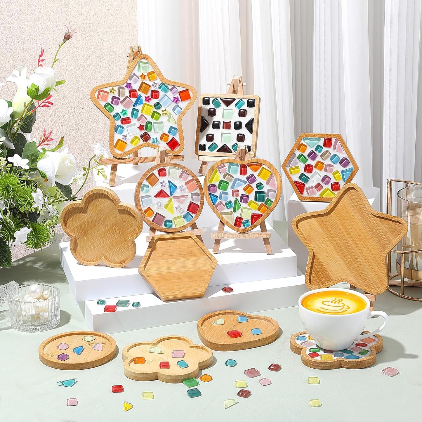 12 Sets DIY Glass Mosaic Tiles for Crafts Mixed Color Mosaic Kits with Wooden Coaster for Adults Handmade Coasters Making Set for Coaster Handmade Home Decoration Gifts
