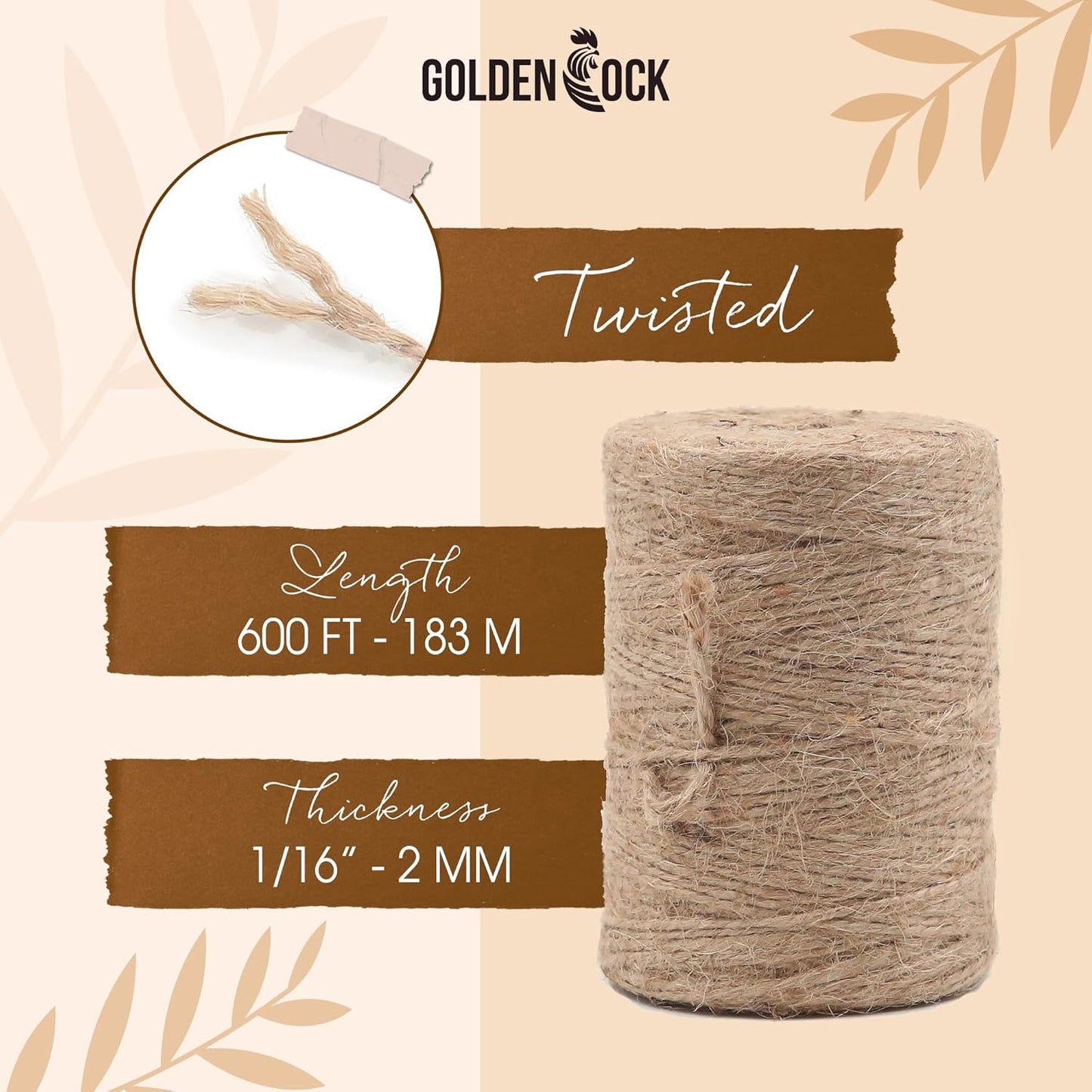 2mm - 600FT Natural Jute Twine Rope String - for Crafts Gardening Plant Accessories Gift Wrapping, Arts Packing Material Christmas Twine Bulk Wedding Decor