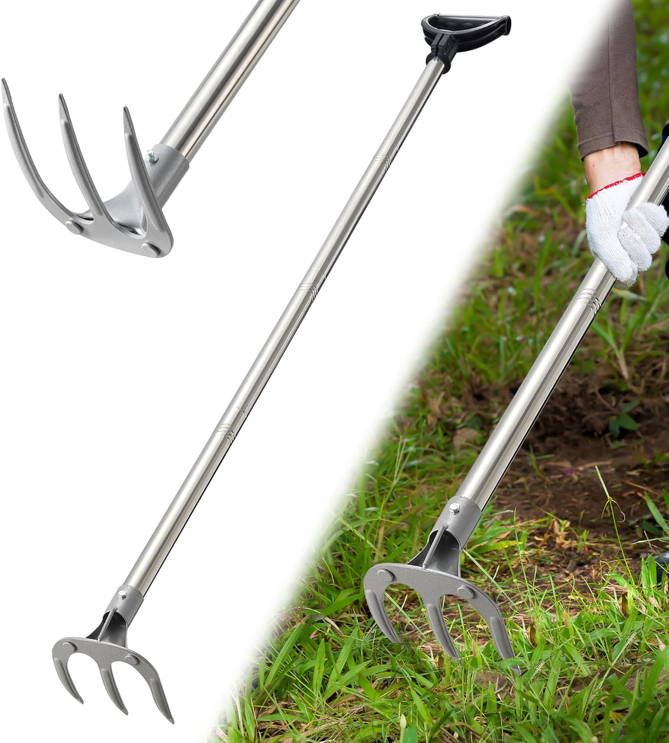 Hand Garden Rake, Adjustable Handle Heavy Duty Garden Cultivator Rake with D-Type Grip for Digging, Weeding, Loosening