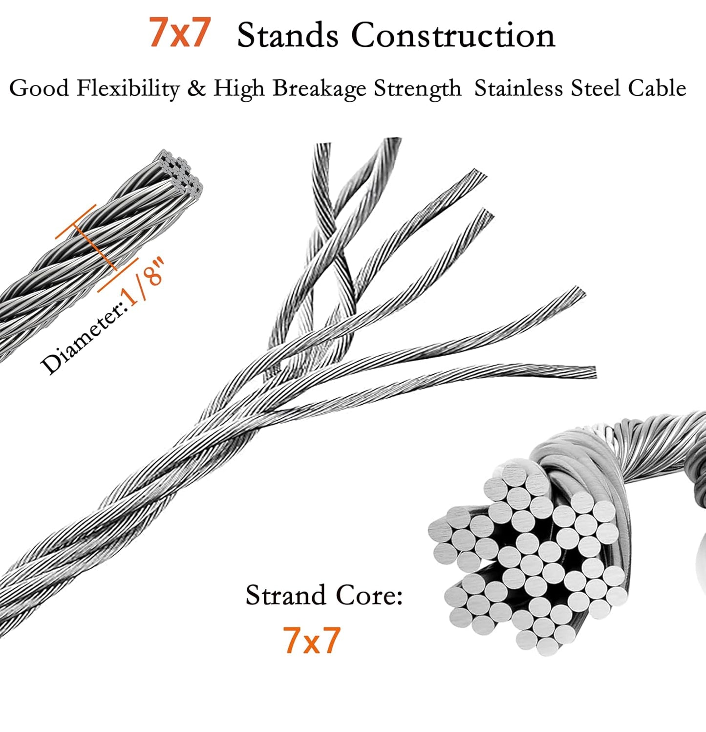 1/8 Inch Stainless Steel Wire Rope Cable Kit,100 ft Length 1/8“ Wire Cable 7x7 Strands with Sleeves, Thimbles, Clips, for Climbing Plants, Deck Railing, Fencing, Outdoor Hanging