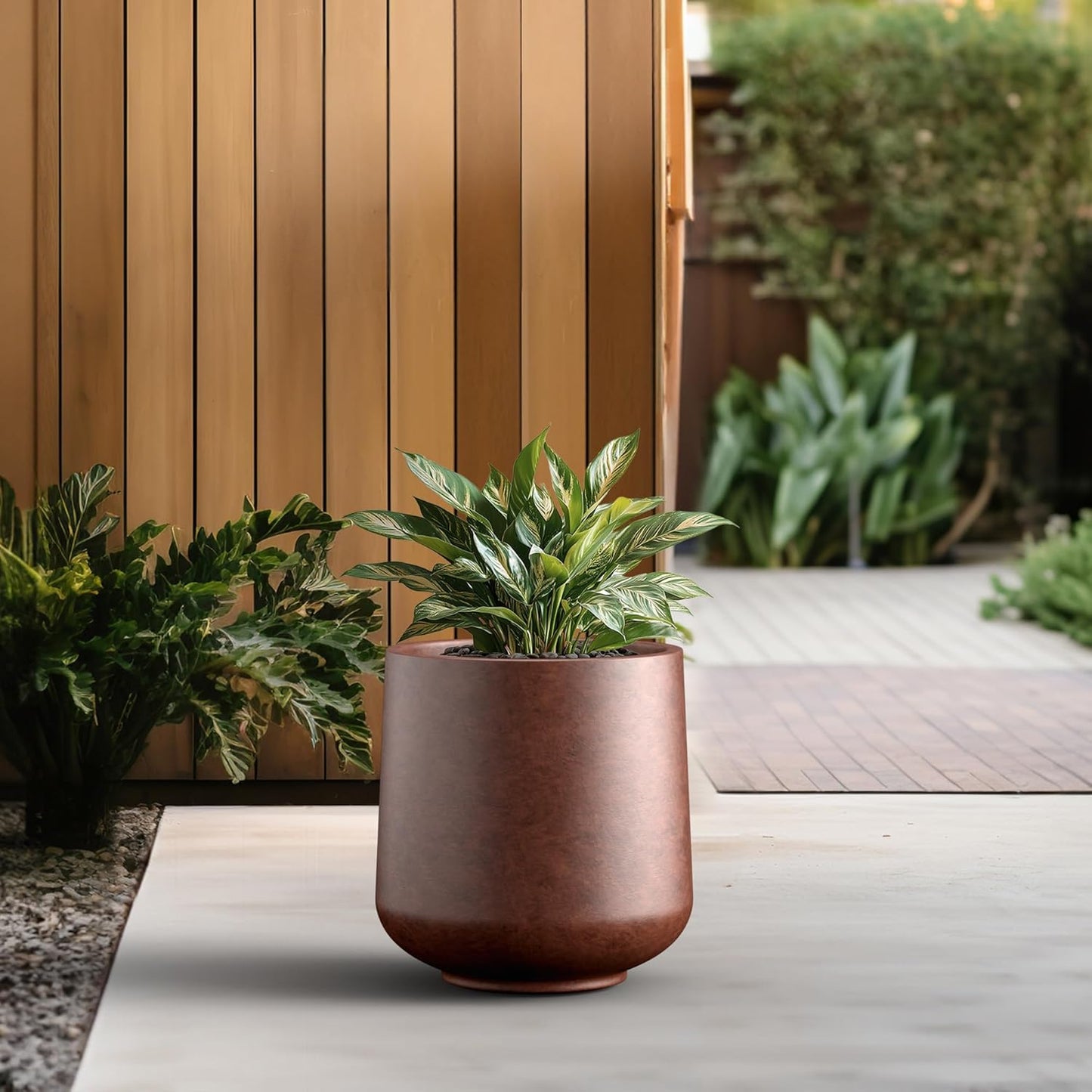 Kante 15.3" Dia Round Concrete Planter, Outdoor Indoor Large Plant Pots Containers with Drainage Hole and Rubber Plug for Home Garden Patio, Rusty