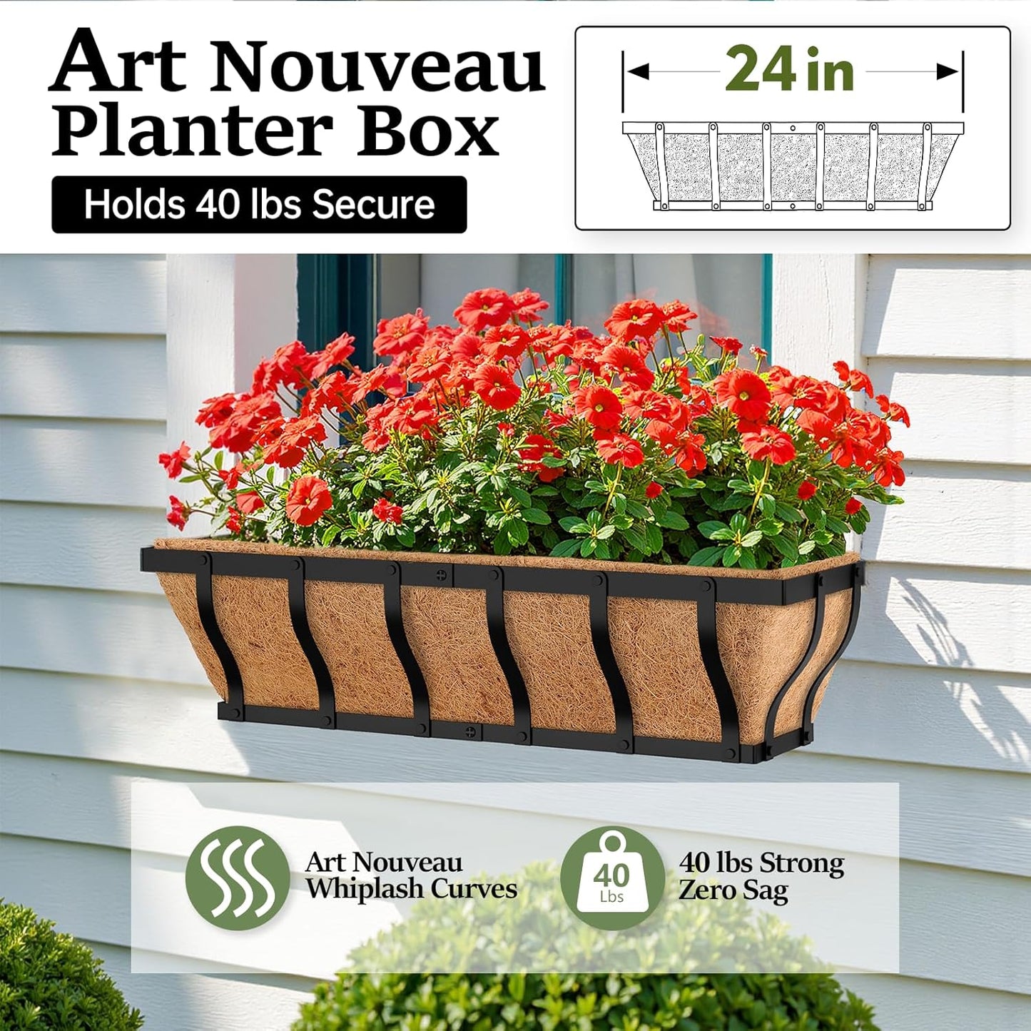 Railing Planter Boxes, Heavy Duty Wall-Mounted Window Box Planters with Coco Liner, Outdoor Window Flower Boxes for Windowsill, Deck, Porch, Balcony, and Patio Gardening (2 Pack, 24 Inch)