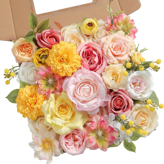 Artificial Flower Assortment for DIY Centerpiece Arrangement Wedding Hand Bouquet Flower Bouquet Centerpiece Arrangement Party Baby Shower Home Decoration (Pink Yellow)