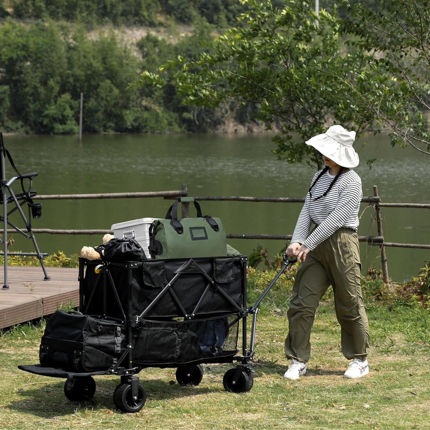 REDCAMP Large Collapsible Double Decker Wagon, 450lbs Heavy Duty 53" L Extra Long Extender Wagon Cart with All-Terrain Big Wheels for Camping, Shopping, Outdoor Sport