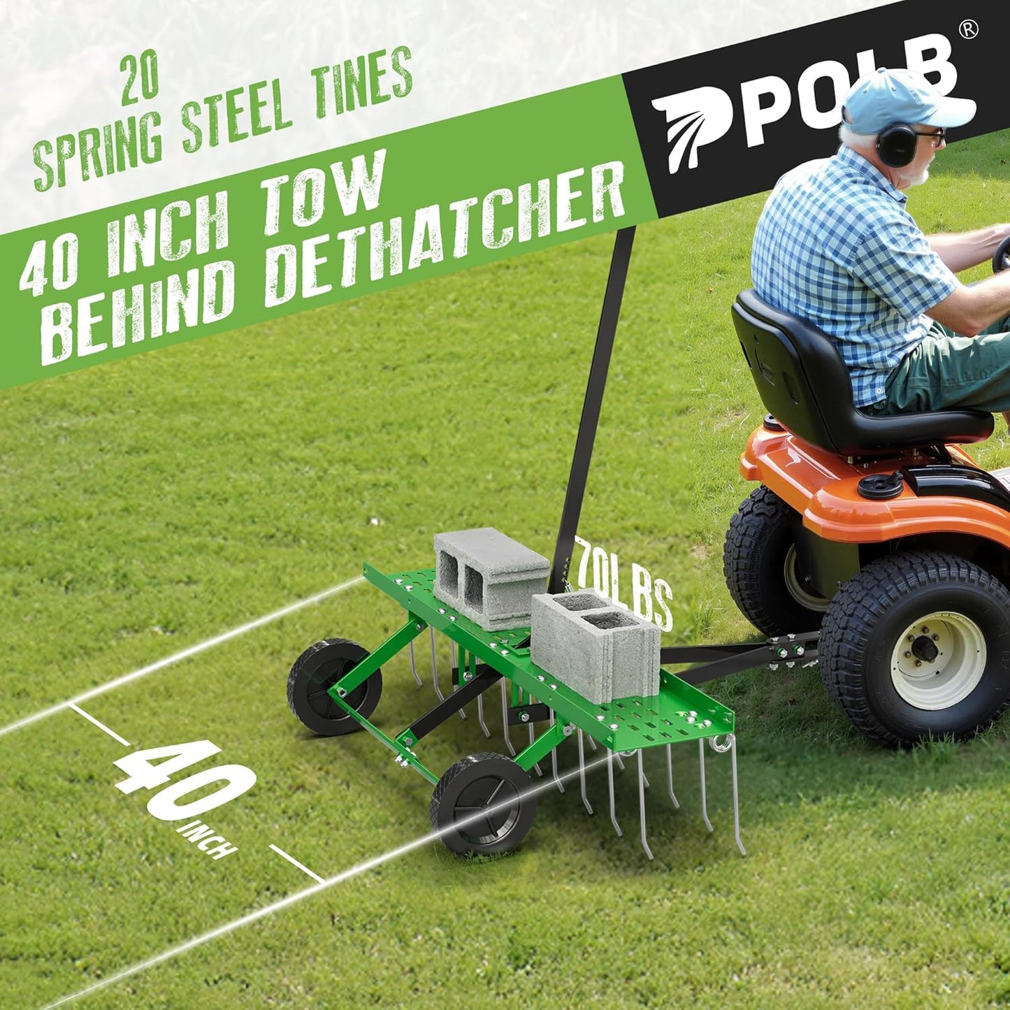 40" Tow-Behind Dethatcher with 20 Spring Steel Tines, Pull Behind Lawn Tractor Mower Grass Rake for Yard, Garden, and Farm Care – Removes Thatch, Leaves, and Pine Needles-Green