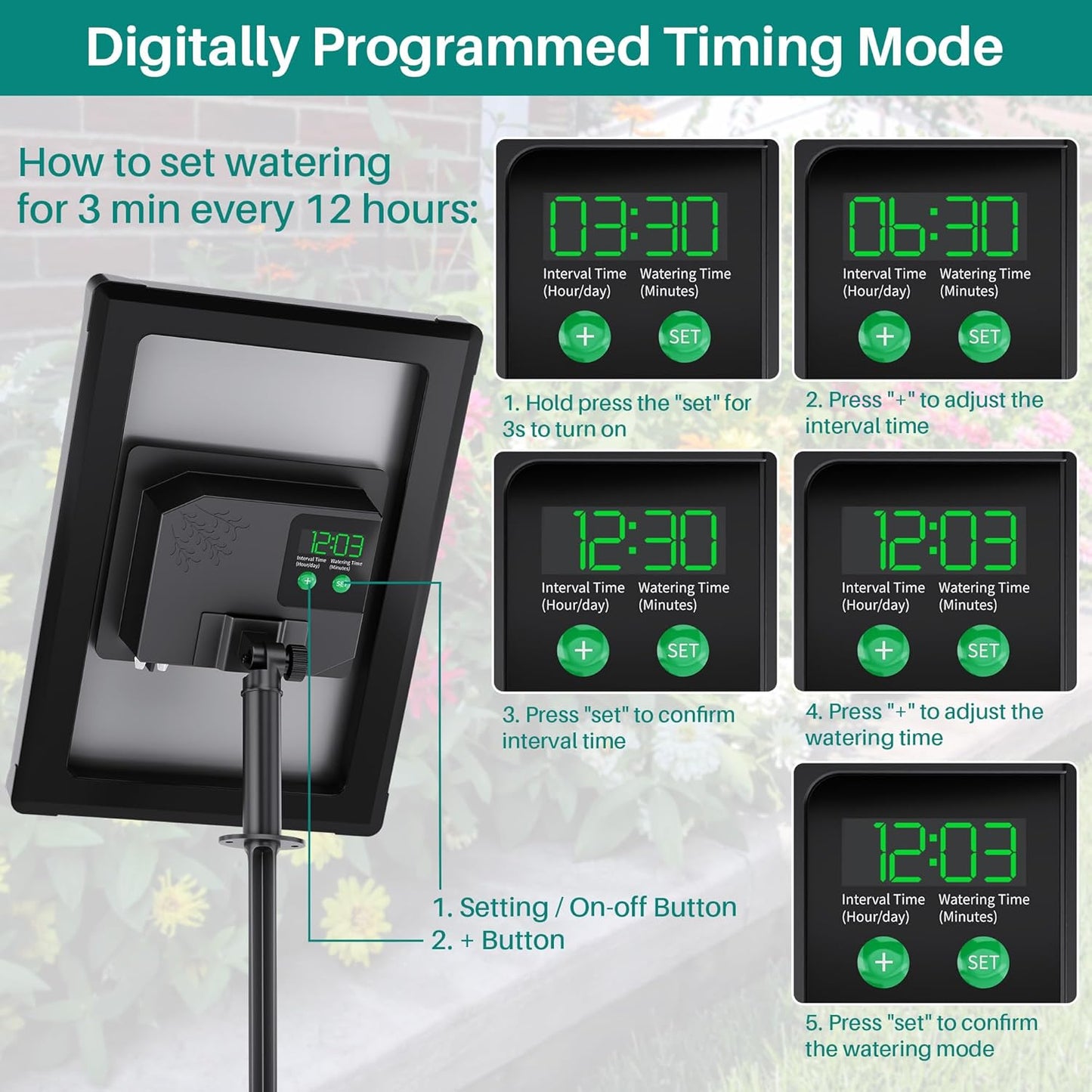 Biling 4W Solar Drip Irrigation System with Digital Programmable Smart Watering, 2200mAh Battery Backup for 15 Potted Plants Outdoor Indoor Garden