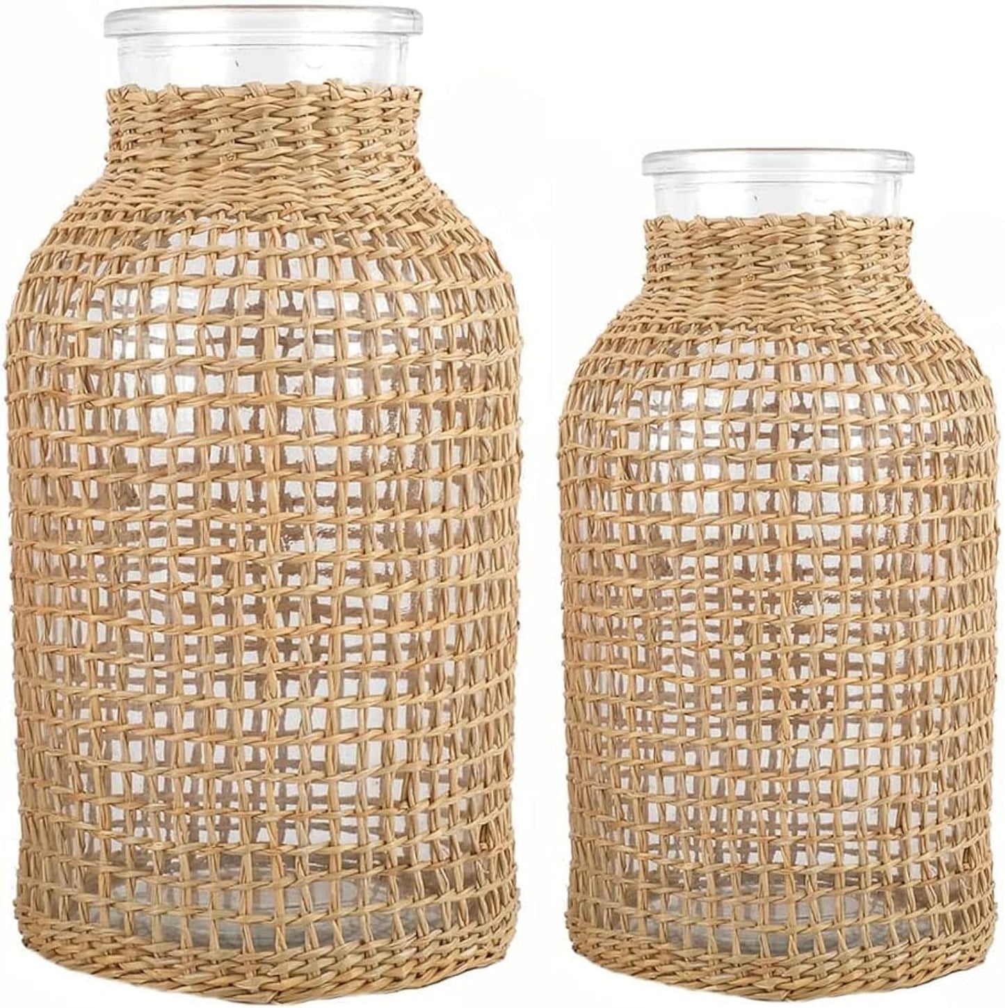 DOITOOL Glass Flower Vase With Rattan Cover, Round Decorative Woven Seagrass Farmhouse Floral Container for Arrangement Table Centerpiece Decor (Size S+L)