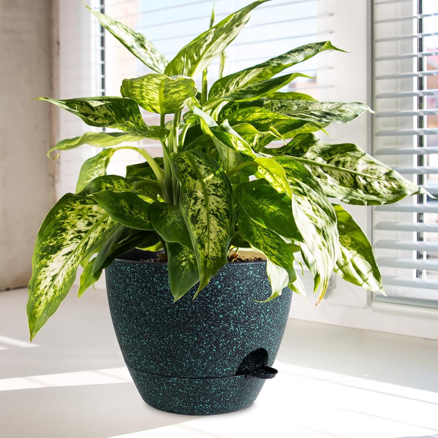 12/10/9 inch Large Self Watering Pots, Planter, Plant Pots with Mesh Drainage Holes for Indoor Outdoor Garden Plants, Plastic Flower Pots with Deep Reservoir, Black with Green Speckles