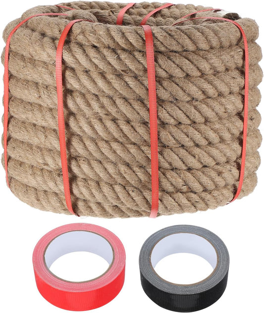 MECCANIXITY Jute Rope 1.5 Inch x 85ft, Thick Twine Rope Ropes Braided Jute Twine Natural Brown Burlap Cord String Heavy Twisted with Tapes for Decorative Crafts Railing Swing Tug of War