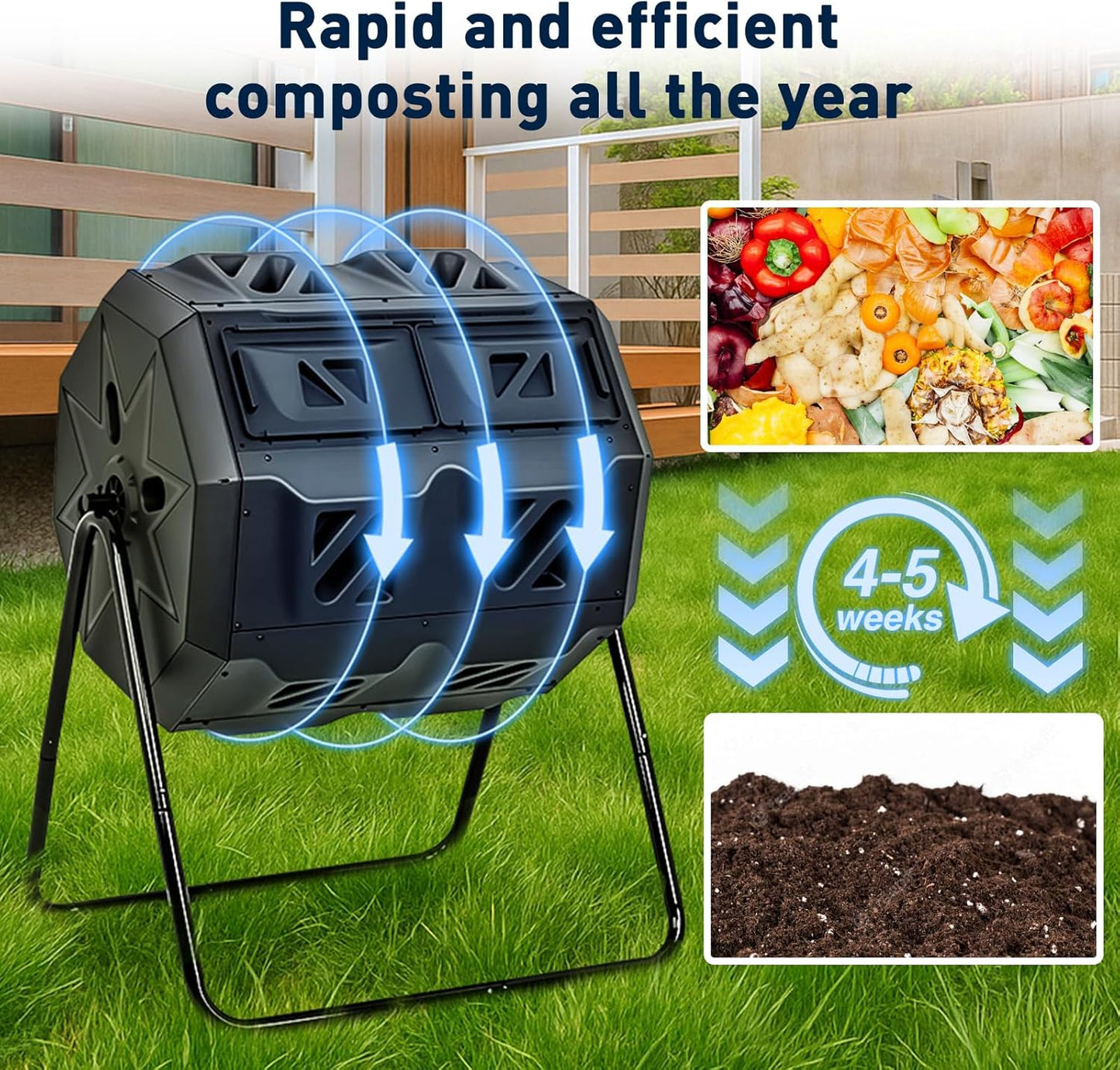 Yesker Dual Chamber Compost Bin Outdoor, 43 Gallon Rotating Tumbling Composter with Sliding Doors, Fast Assembly for Garden, Backyard & Kitchen Waste