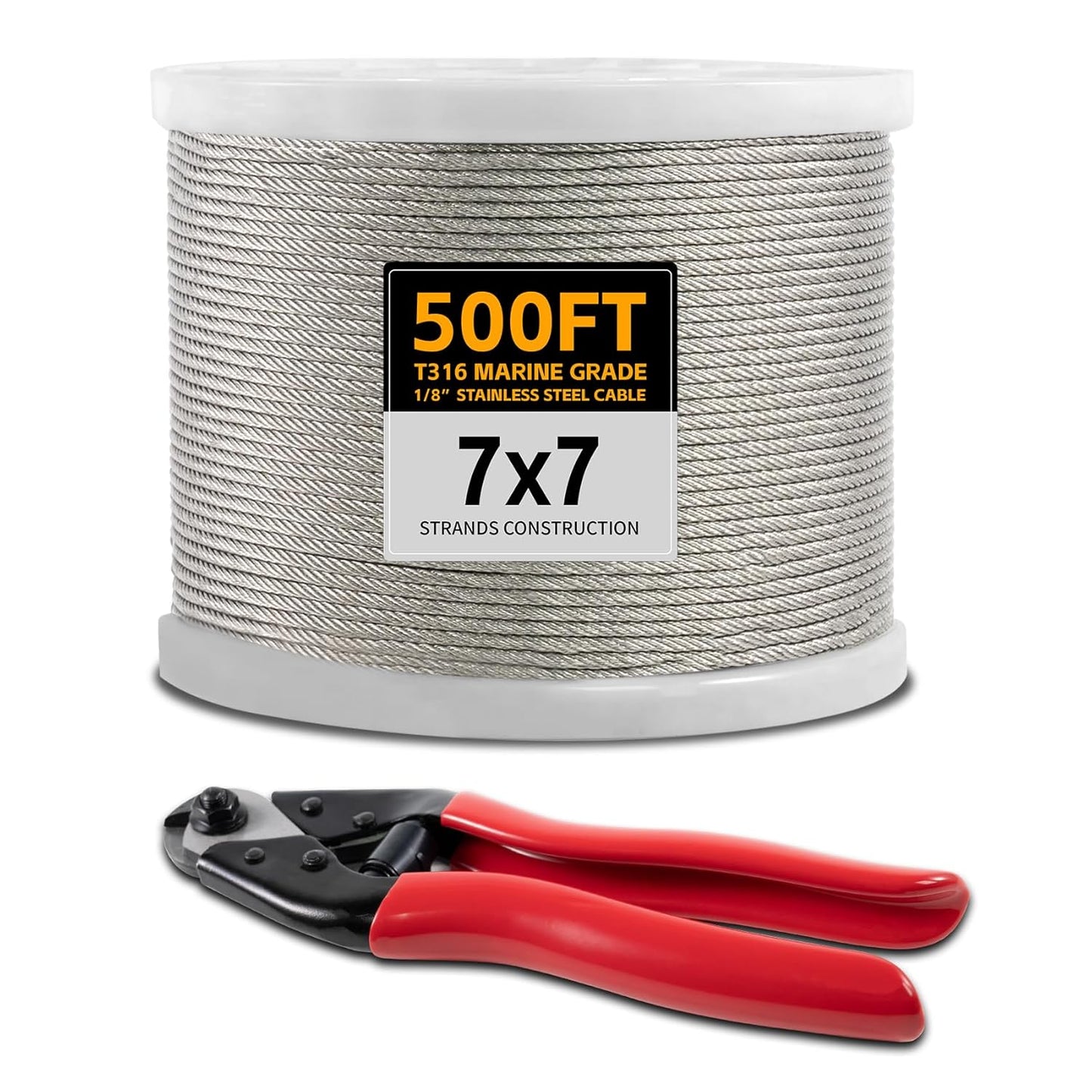 500FT 1/8" Stainless Steel Cable Wire Rope with Cutter, Cable for Deck Railing, 1800 lb Breaking Strength 7x7 Strands, T316 Aircraft Cable for Stair, Fence, Porch