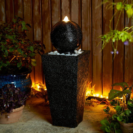Glitzhome Outdoor Water Fountain with LED Light, Decorative Black Pedestal Water Fountains with Submersible Pump, Modern Sphere Floor Fountain with Pebbles for Garden Patio Decor Porch, 31.75”H