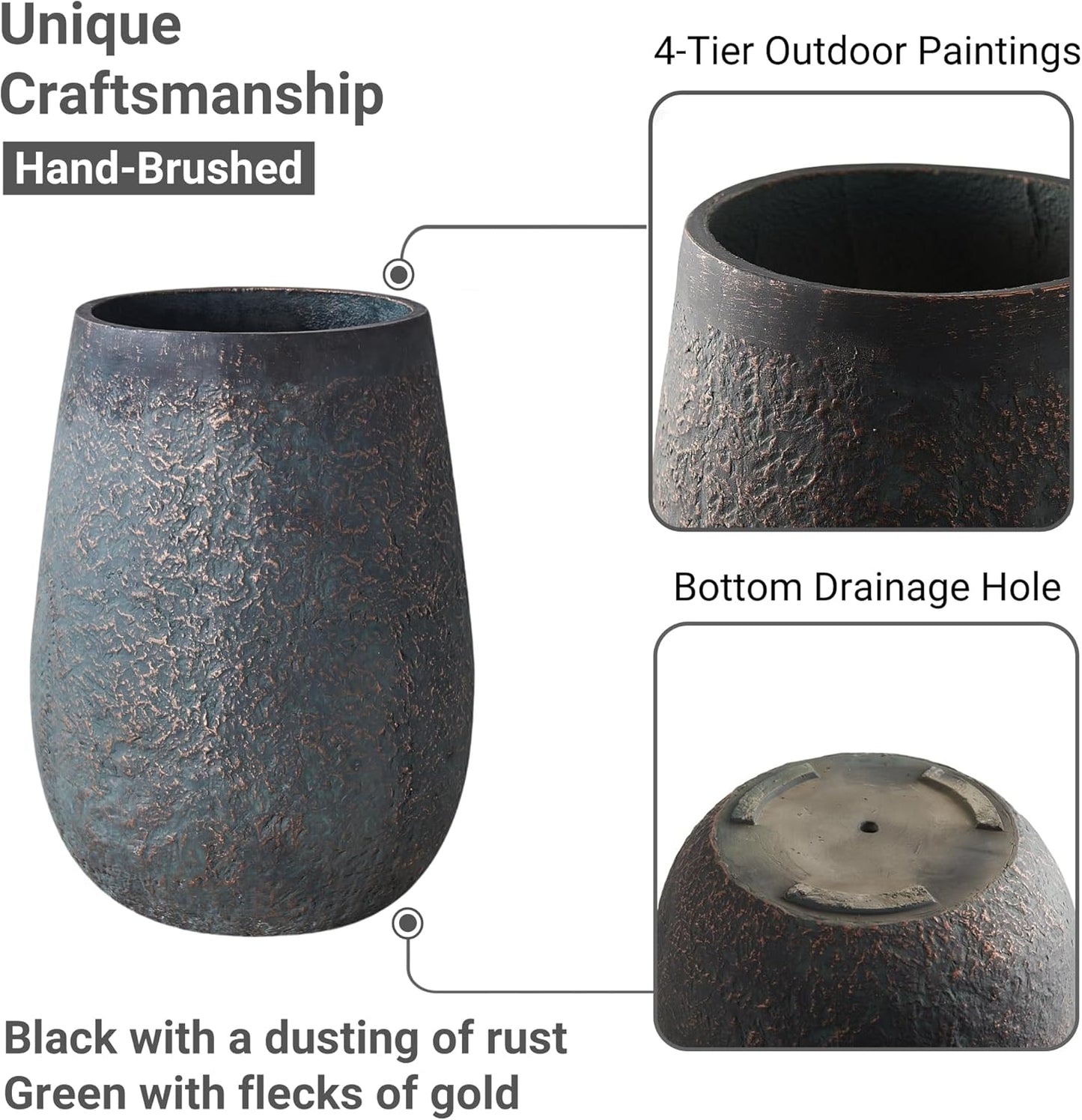 20" H Weathered Concrete Tall Planter, Black Large Outdoor Indoor Decorative Flower Pot with Drainage Hole, Modern Round Style for Home, Garden, Patio, Courtyard, Bronze Rust with Green Tone