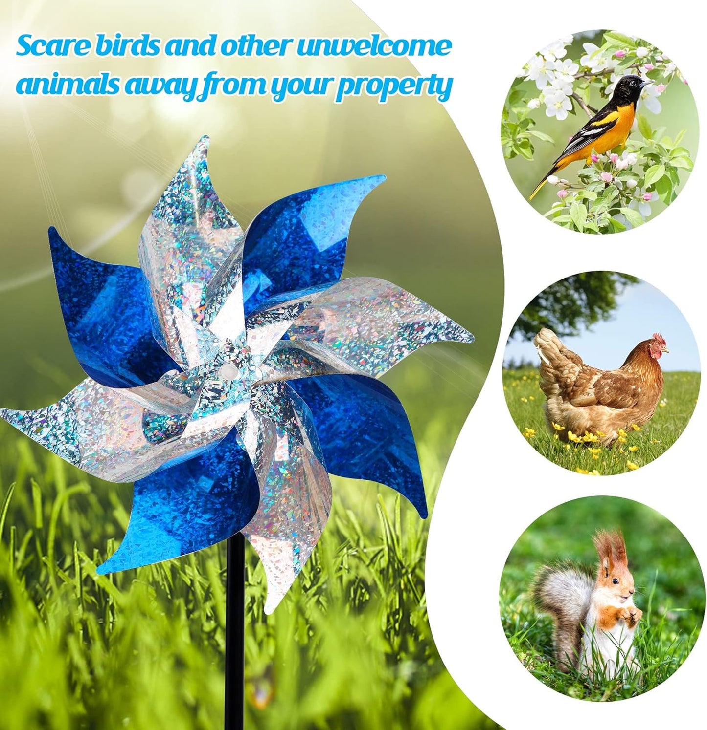 Hausse 10 Pack Reflective Pinwheels, Extra Sparkly Pinwheel, Bird Repellent Devices Deterrent to Scare Birds Away from Yard Patio Farm, Blue & Silver
