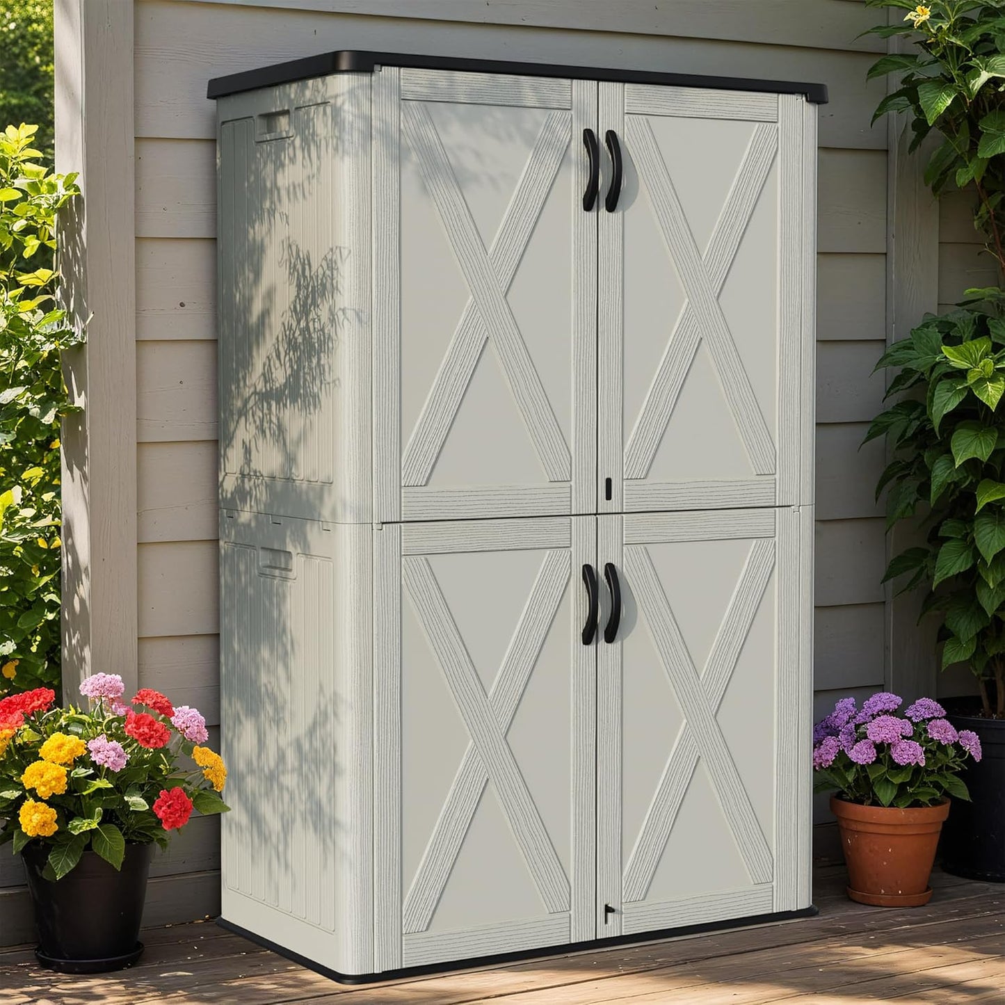 Greesum Outdoor Storage Cabinet, 50 Cu.Ft Deck Box Without Shelves, Waterproof Plastic Storage Bin for Patio Cushions, Gardening Tools, Lockable and Sidehandles, UV Resistant, Beige