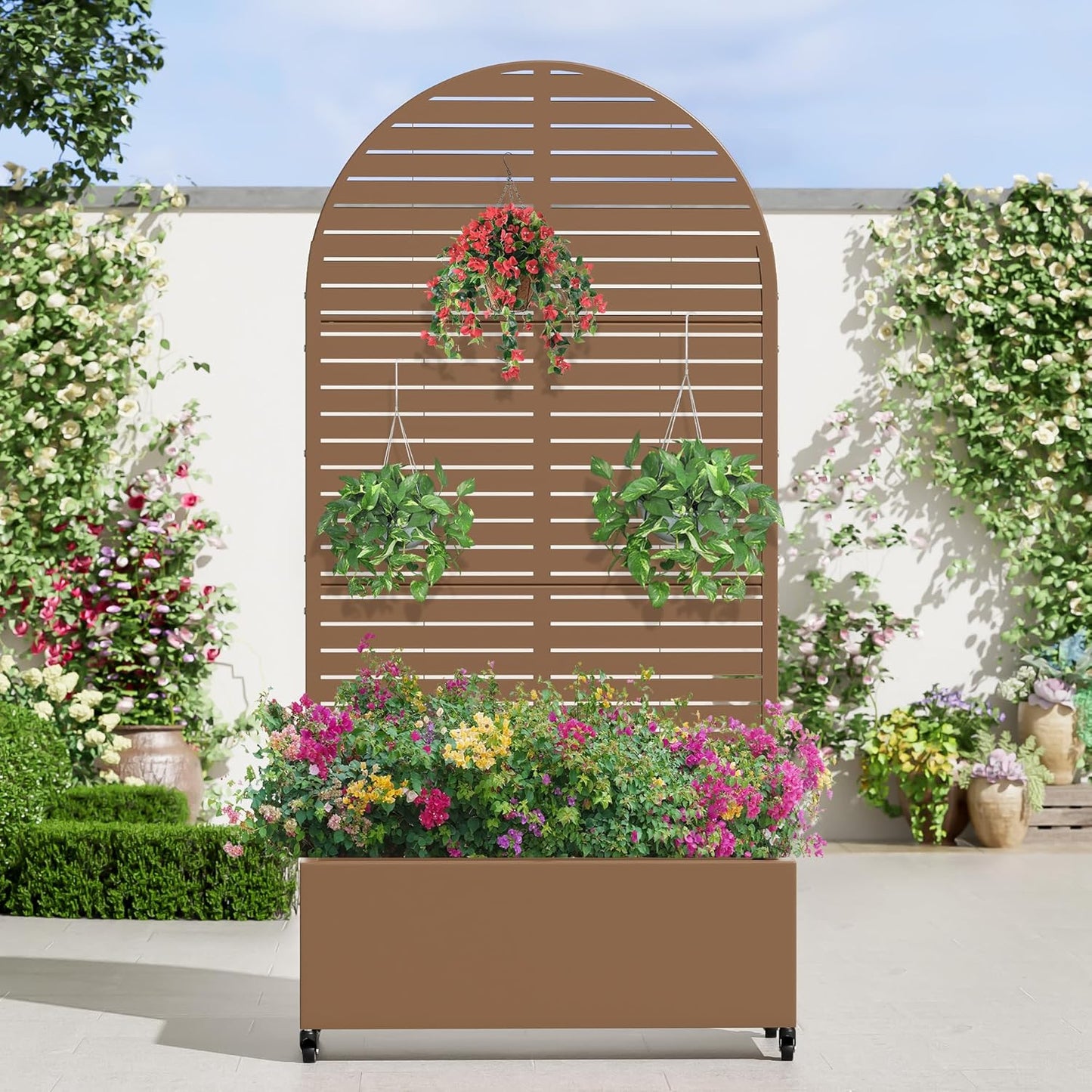 Casaphoria Metal Raised Garden Bed with Trellis and Wheels, 72"x35"x16" Arched Planter Box for Climbing Plants, Vegetables & Vines, Features Drainage Holes and Privacy Screen (Brown-Louvered)